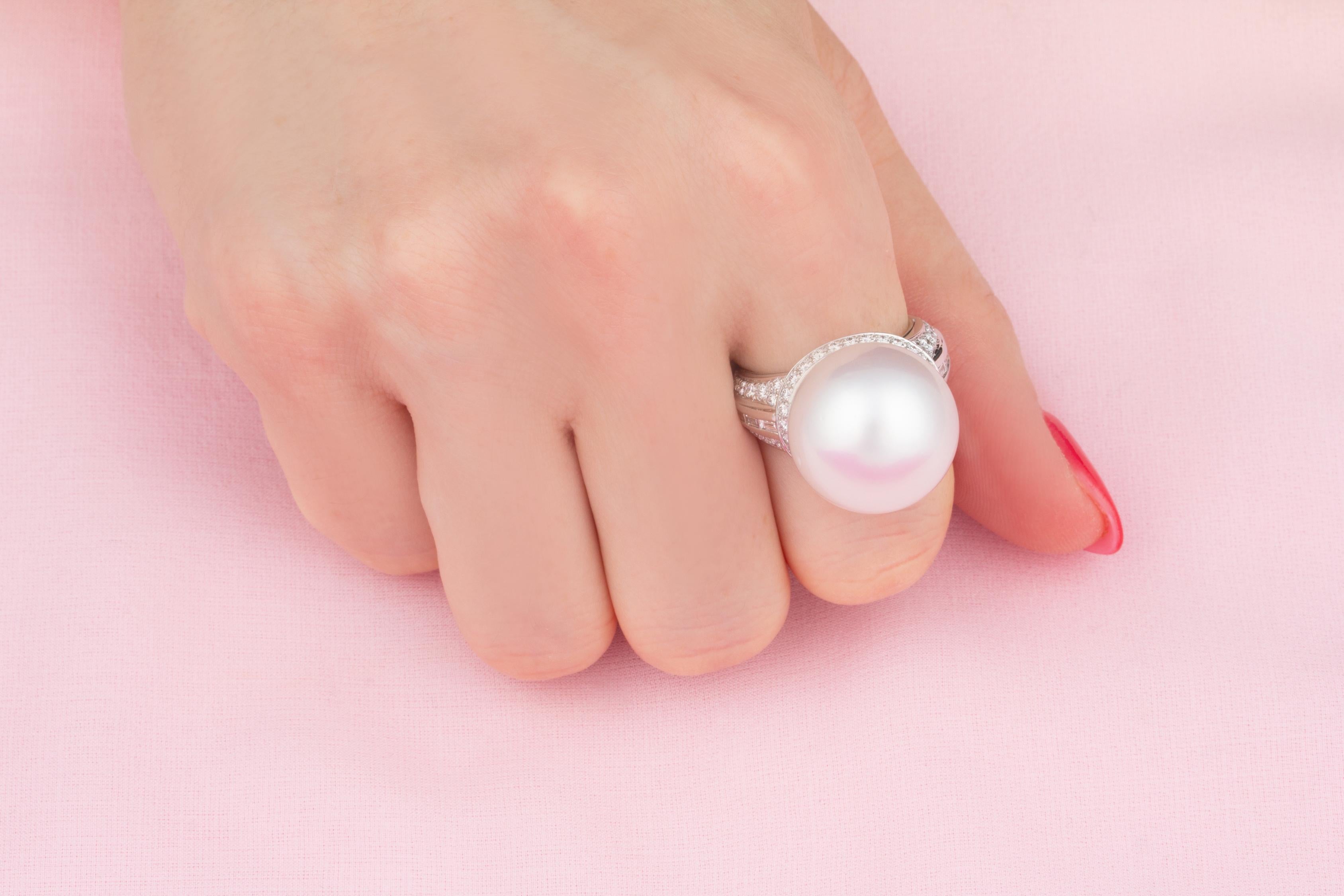 Artist South Sea Pearl 18mm Diamond Cocktail Ring White Gold Design by Ella Gafter For Sale