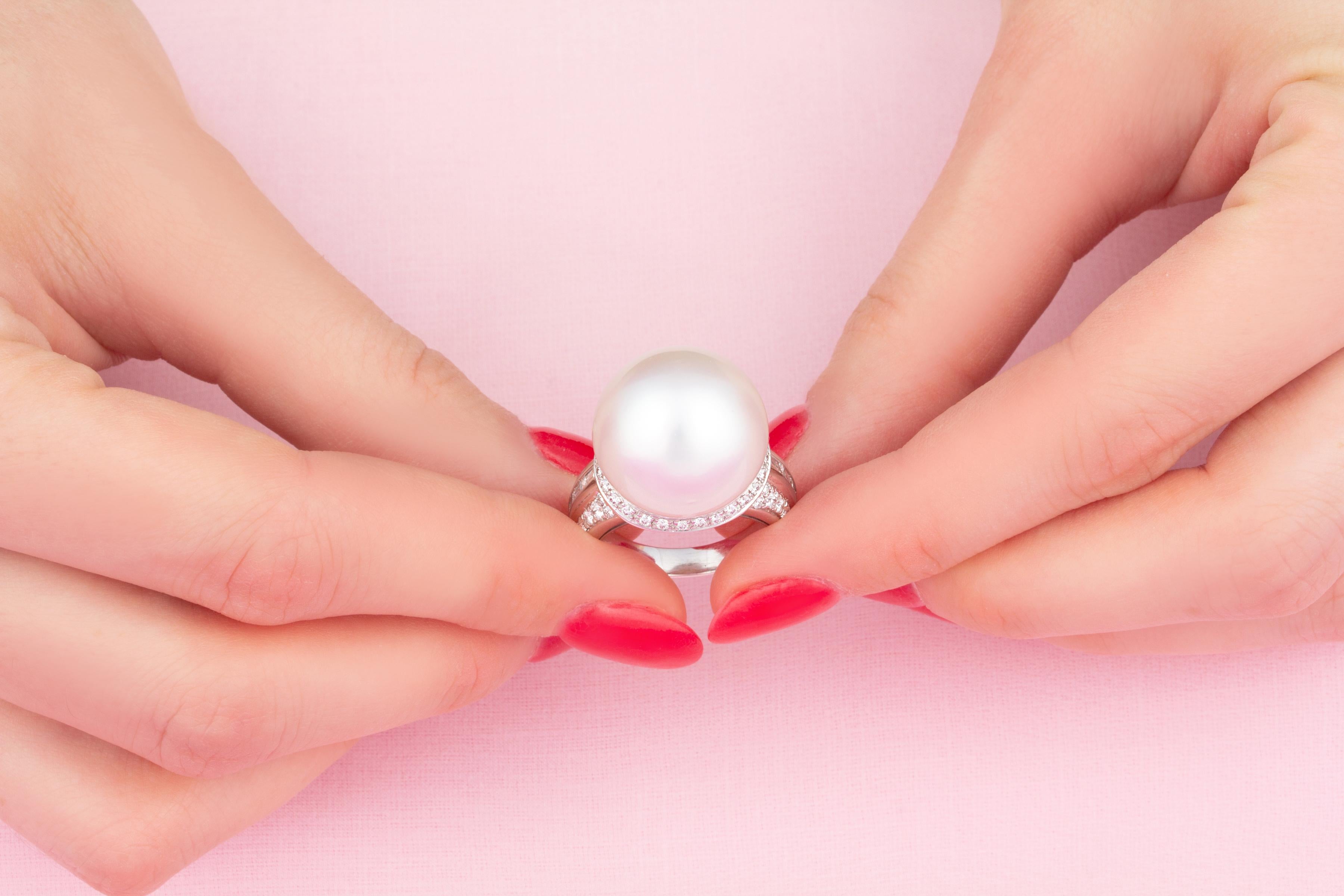 Brilliant Cut Ella Gafter 18mm Pearl Cocktail Ring For Sale