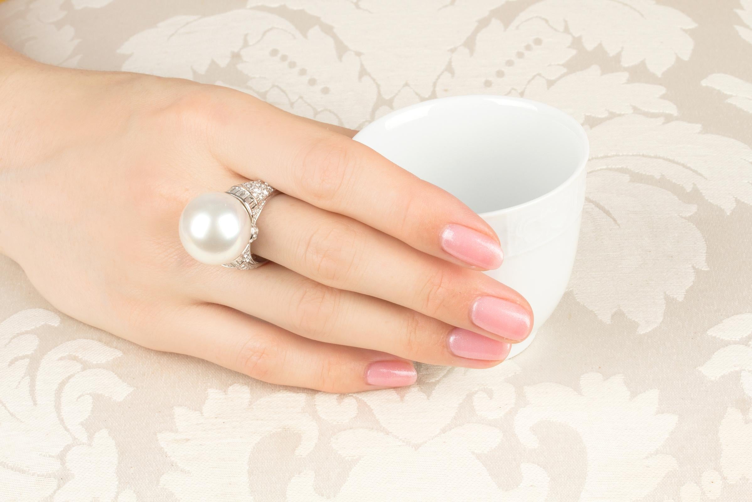 Brilliant Cut 18mm South Sea Pearl Gem and Diamond Cocktail Ring Design by Ella Gafter For Sale