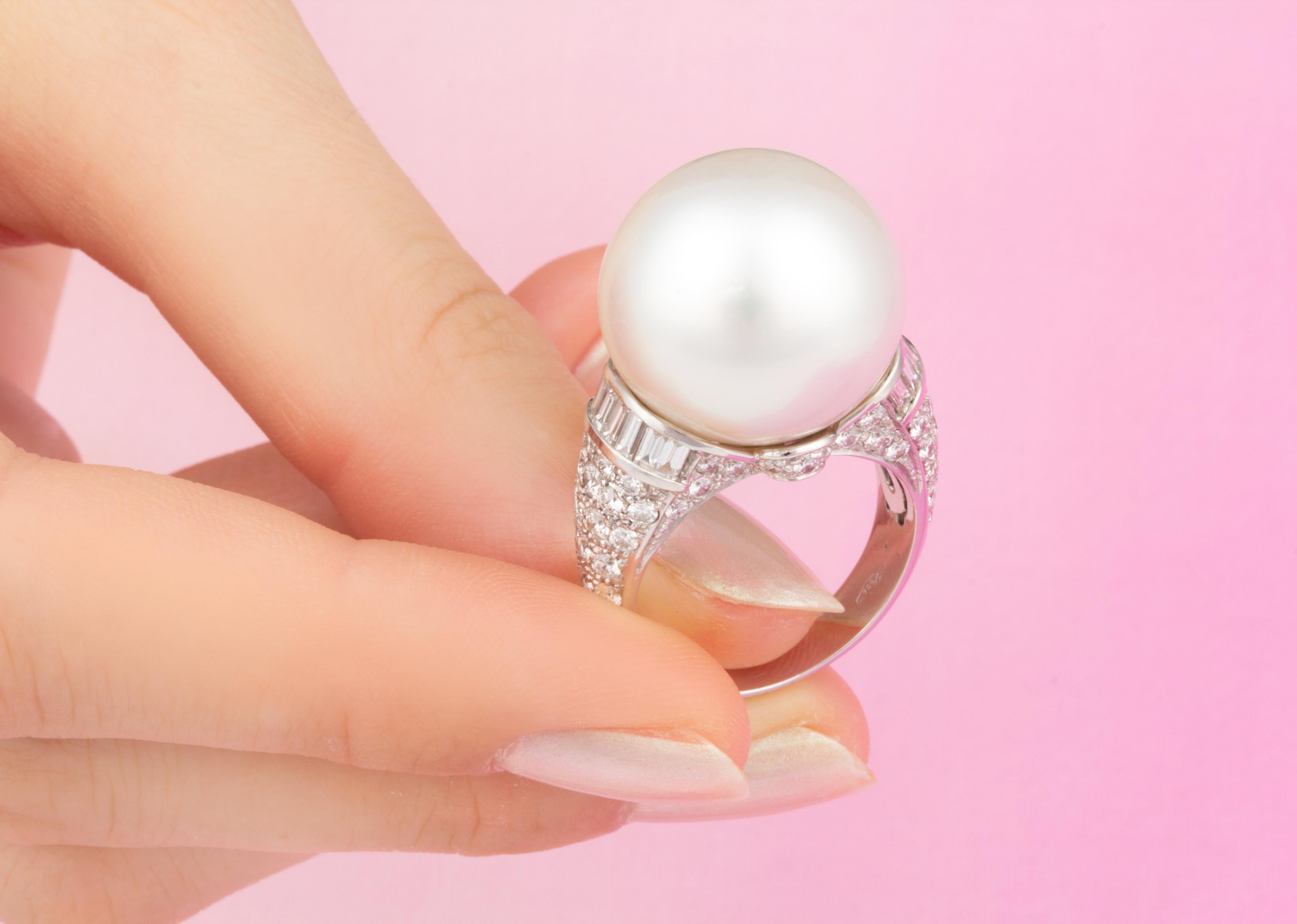 18mm South Sea Pearl Gem and Diamond Cocktail Ring Design by Ella Gafter For Sale 2