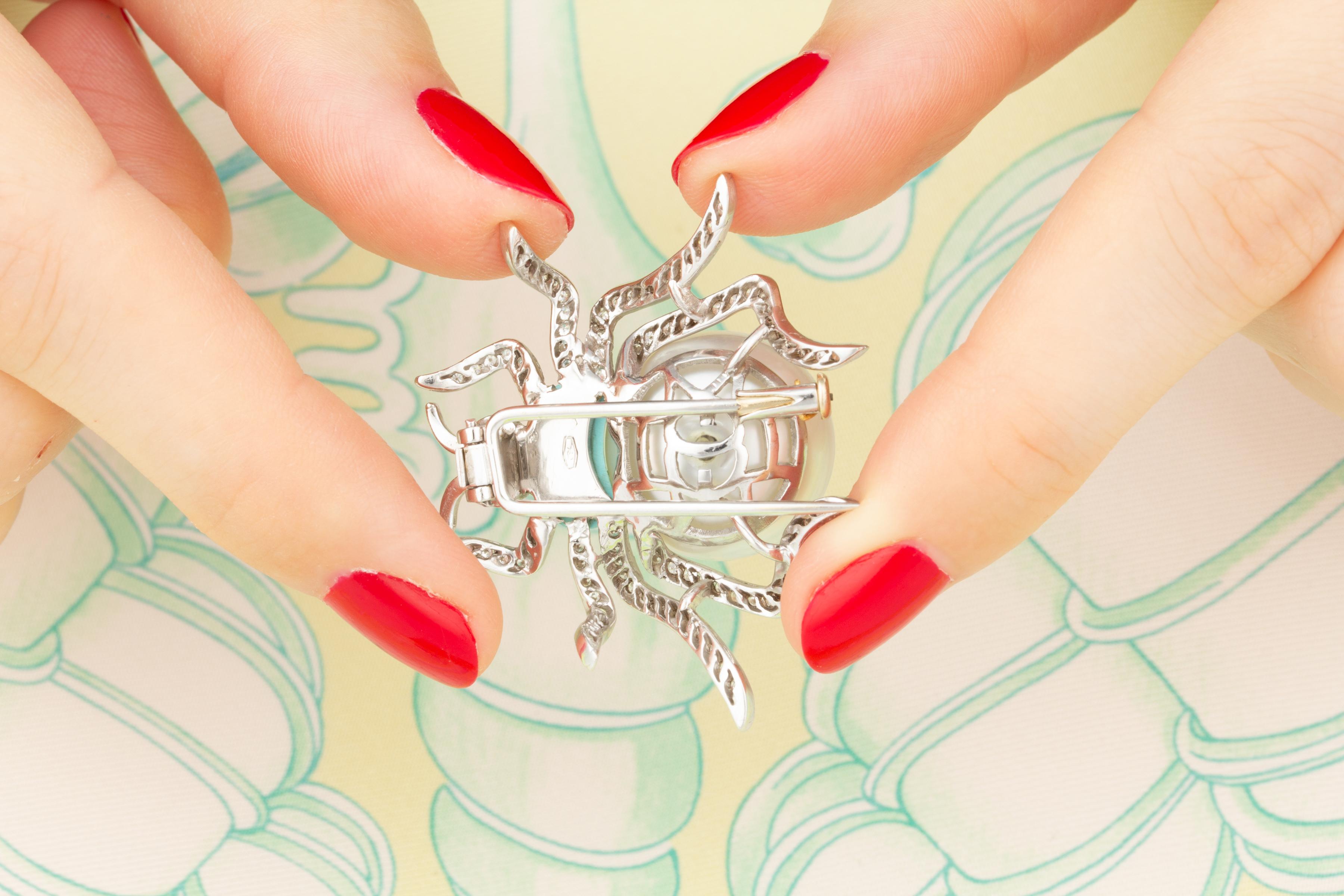 Brilliant Cut Ella Gafter 18mm Pearl Diamond Spider Brooch Pin For Sale