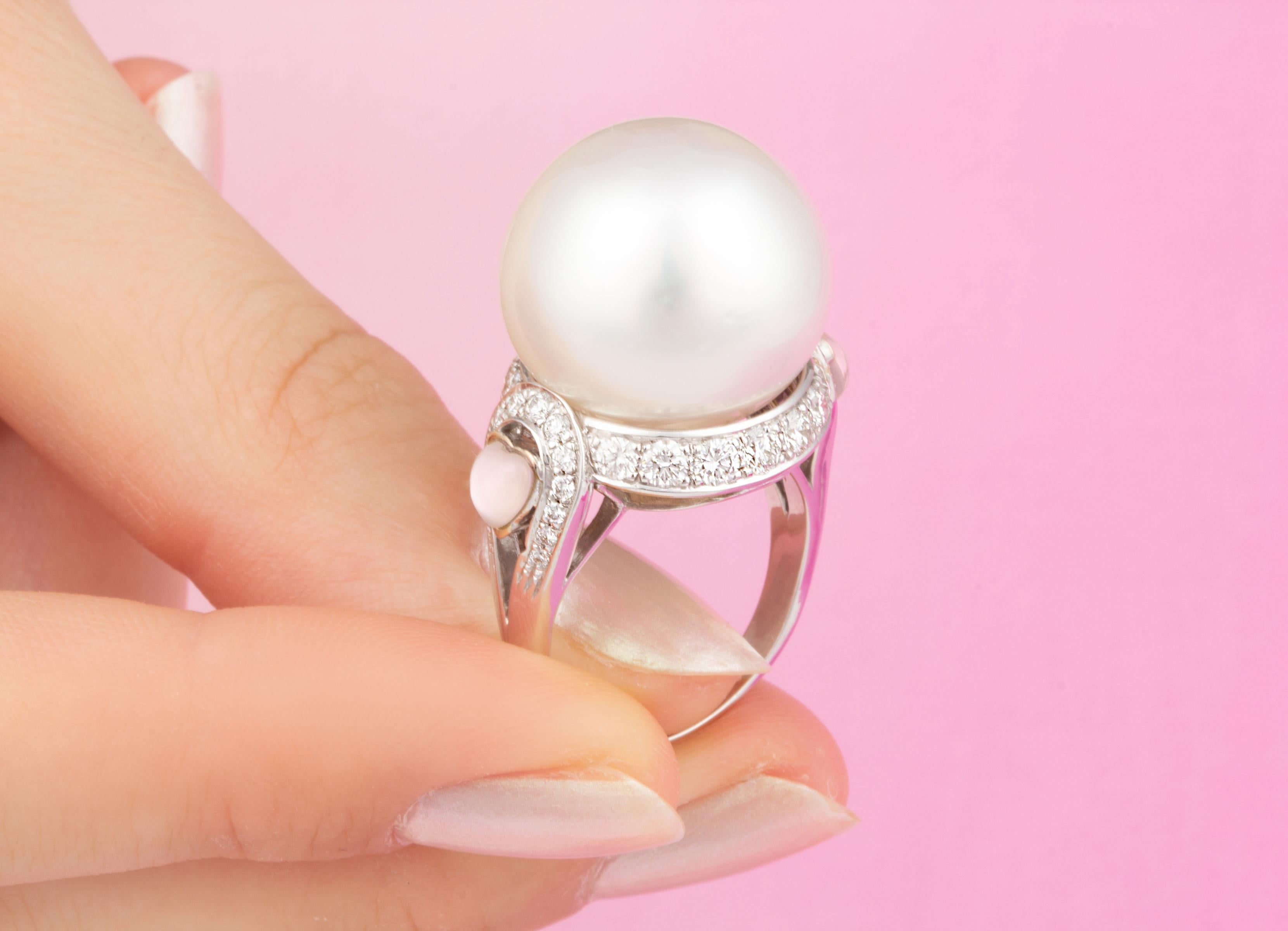 Ella Gafter 18mm South Sea Pearl Diamond Cocktail Ring In New Condition For Sale In New York, NY