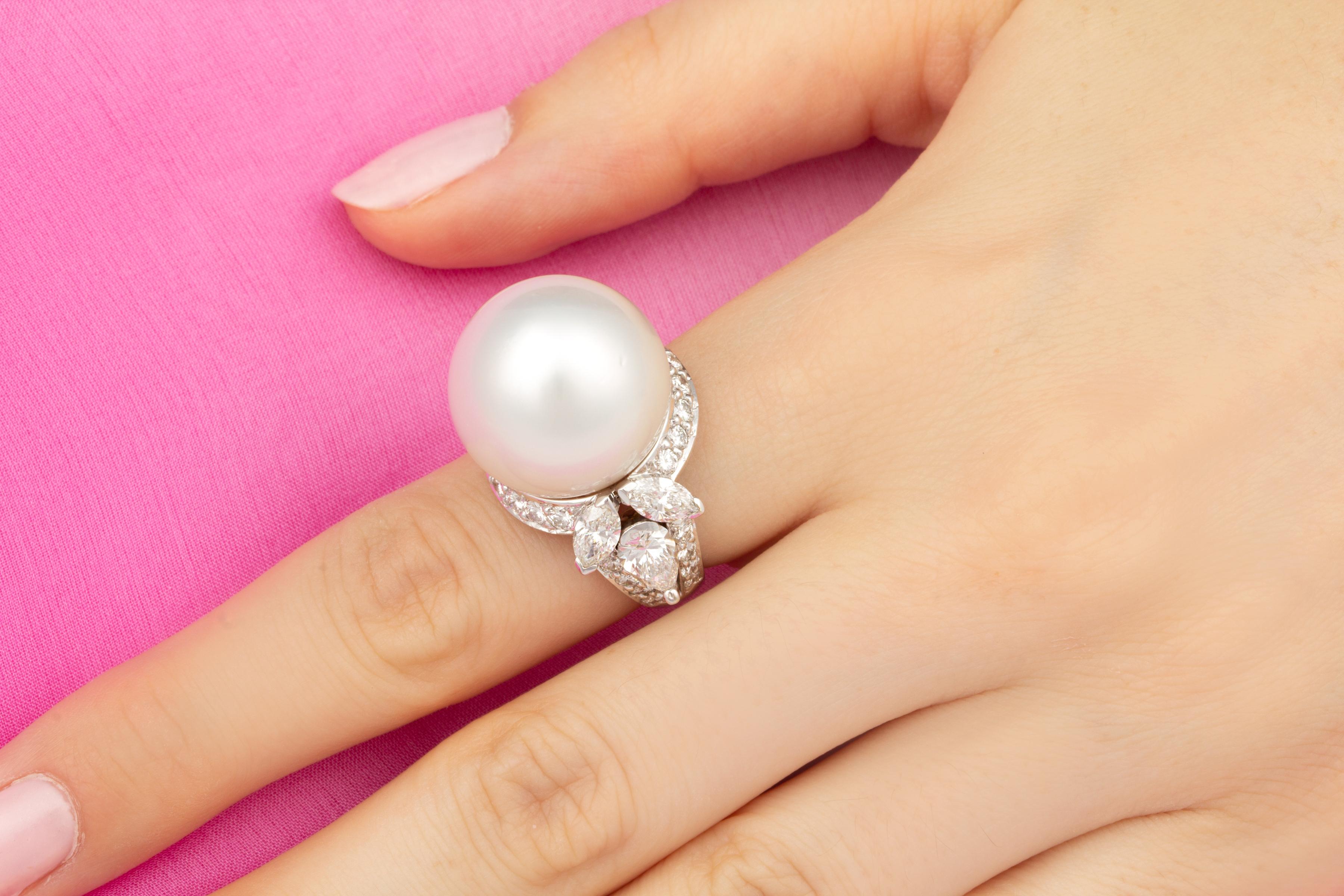 Artist Ella Gafter 18mm South Sea Pearl Diamond Cocktail Ring For Sale