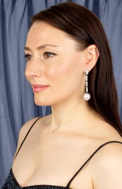 South Sea Pearl 18mm Diamond Deco Style Drop Earrings Design by Ella Gafter