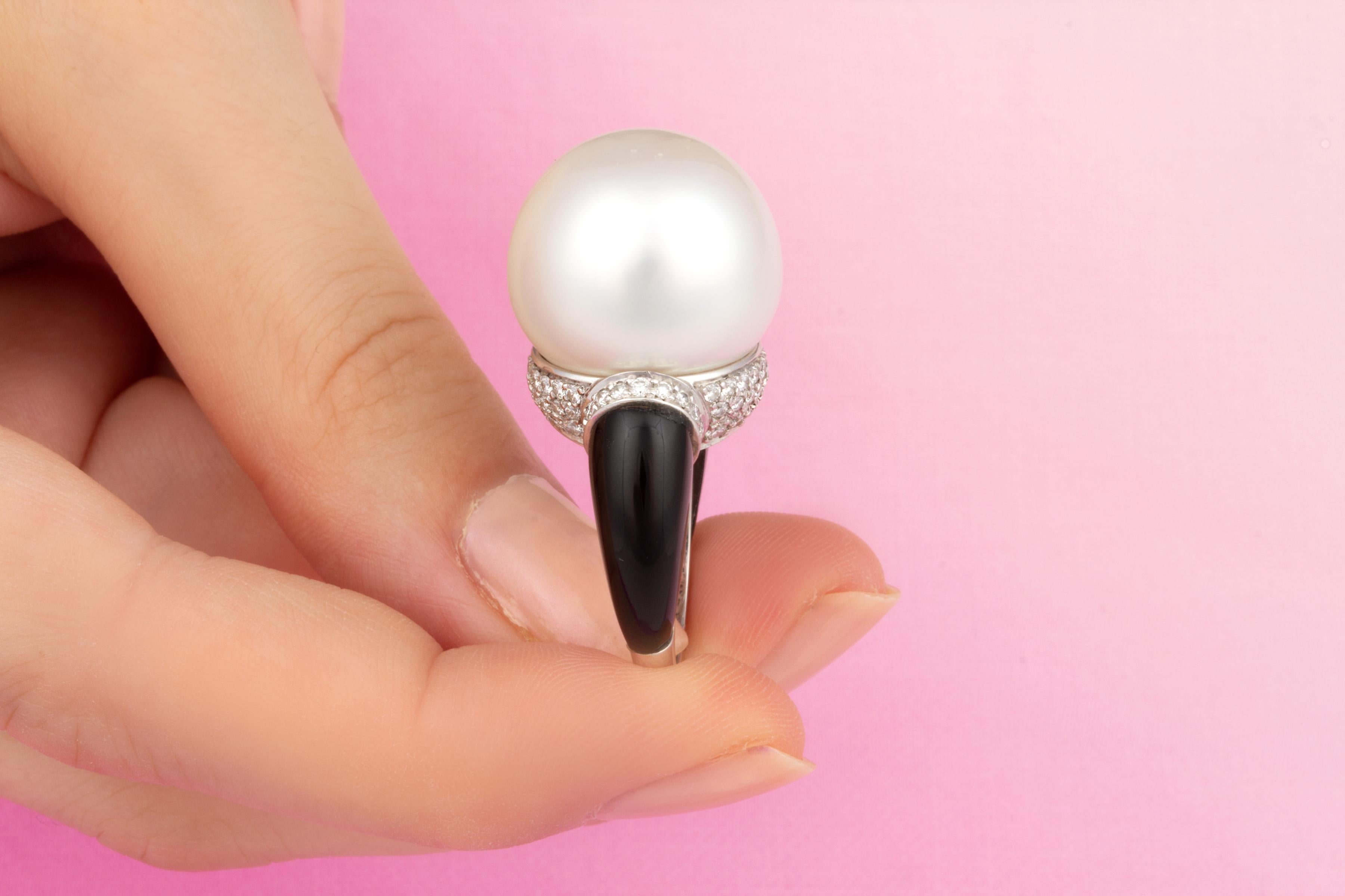 Artist Ella Gafter 18mm South Sea Pearl Diamond Onyx Ring  For Sale