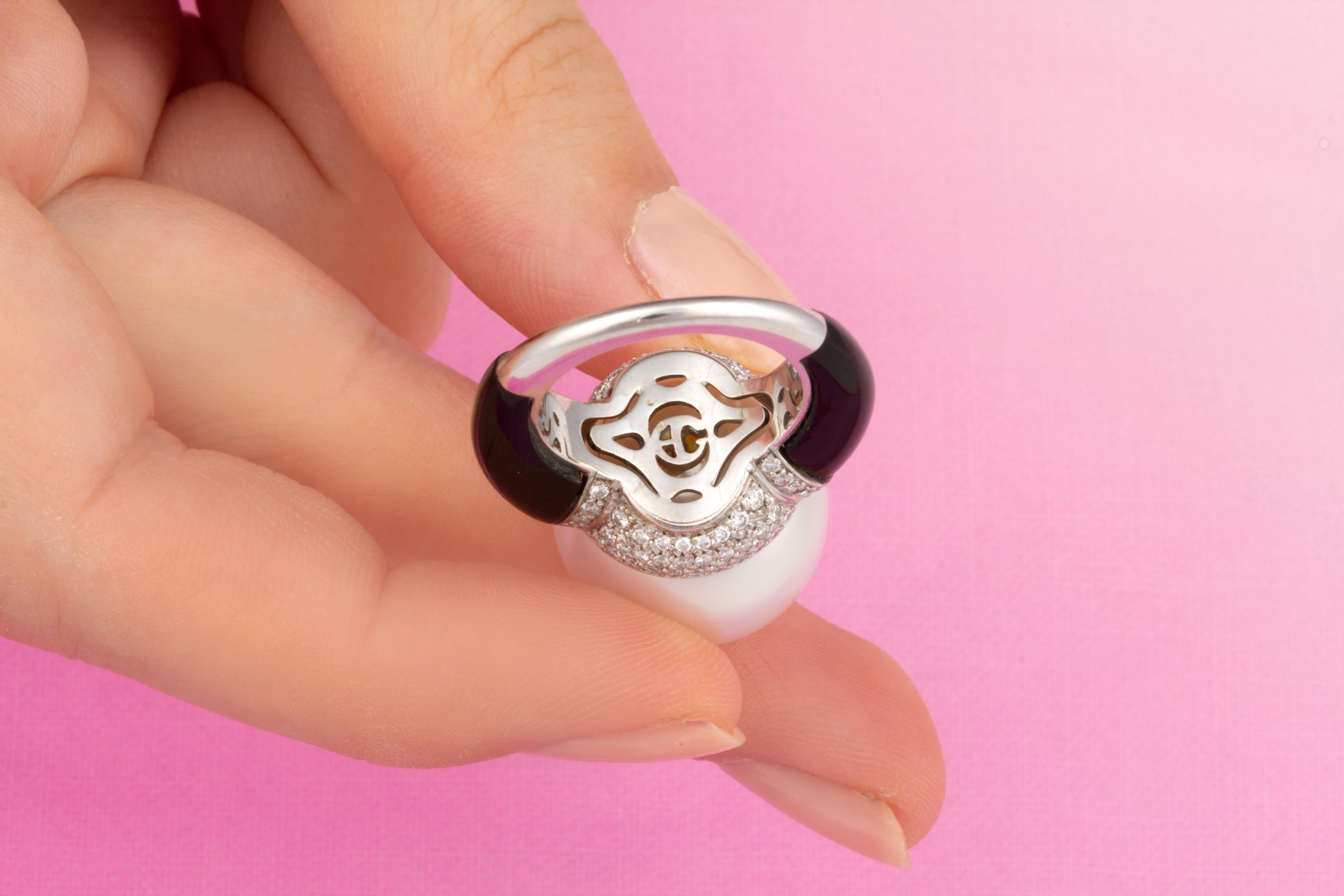Brilliant Cut 18mm South Sea Pearl Onyx Diamond Cocktail Ring Design by Ella Gafter For Sale