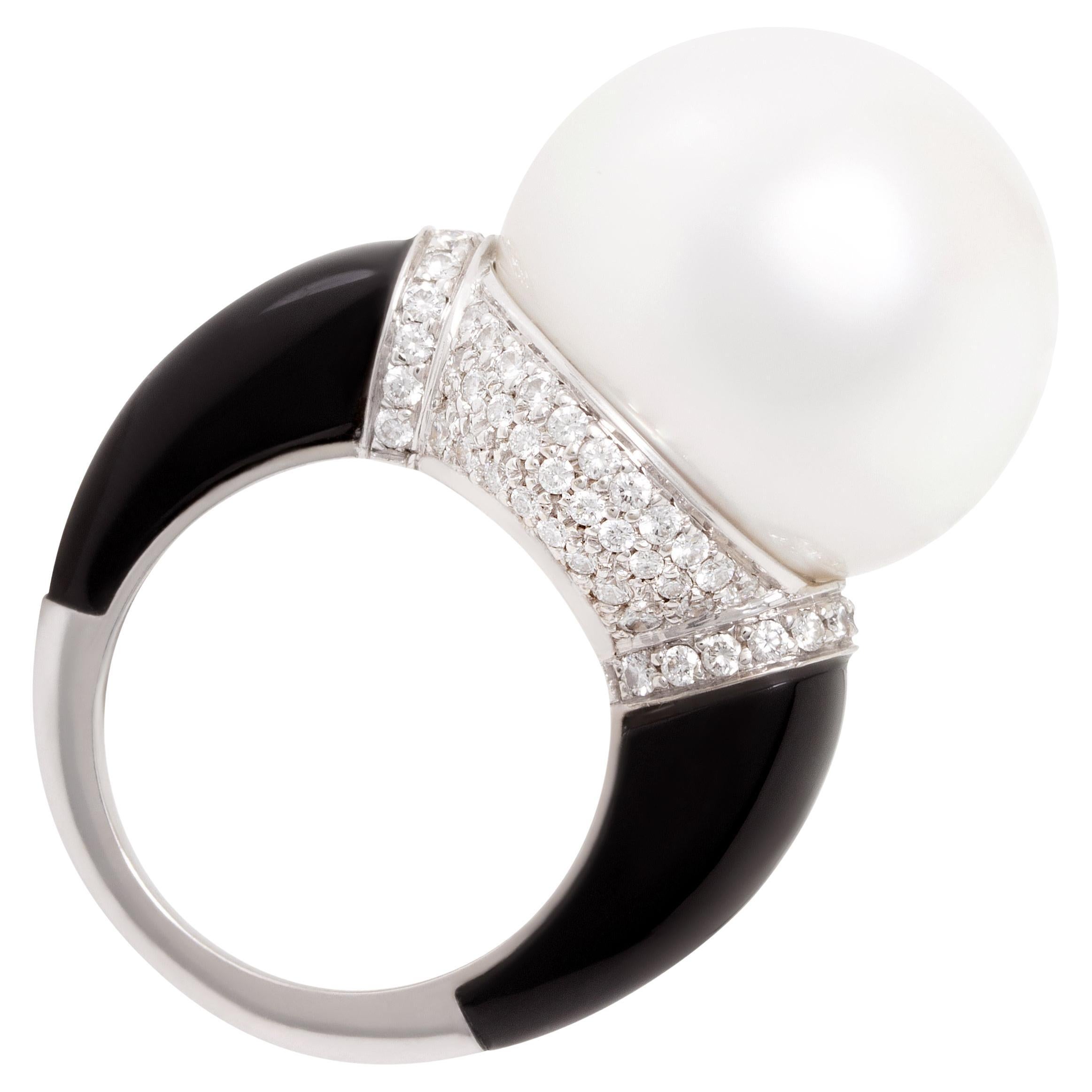 Ella Gafter 18mm South Sea Pearl Diamond Onyx Ring  For Sale