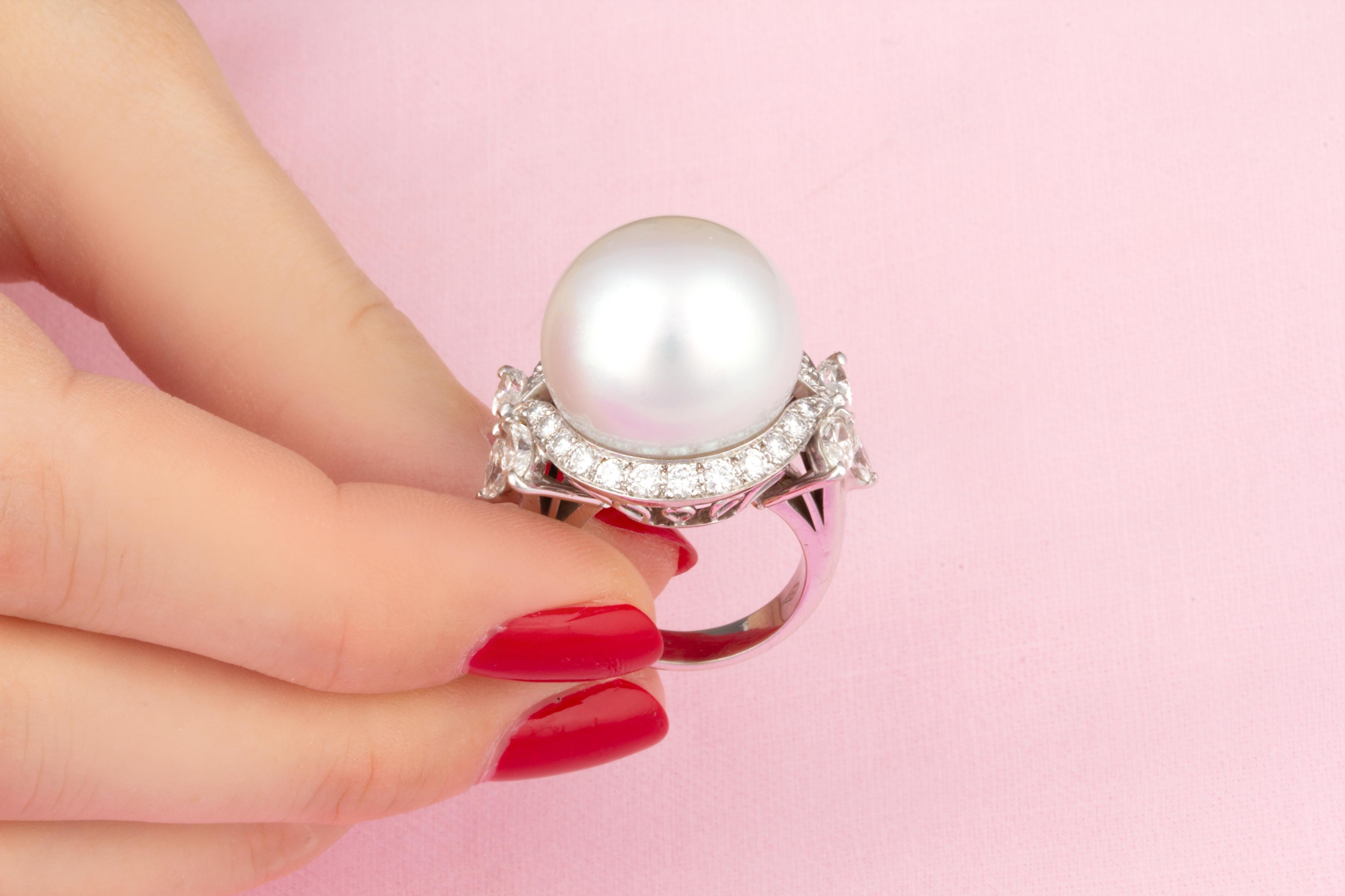 Artist Ella Gafter 18mm South Sea Pearl Diamond Ring For Sale