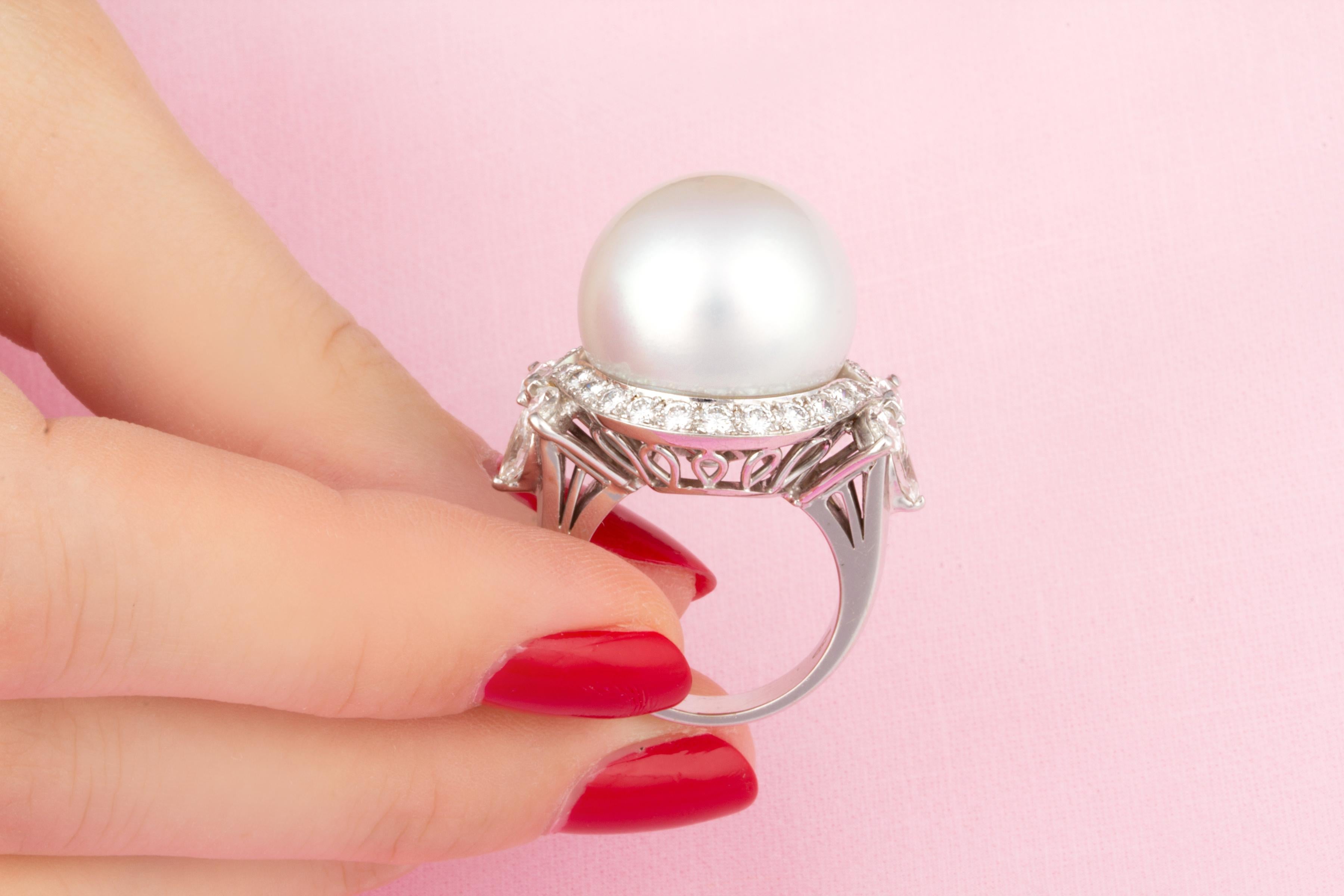 Marquise Cut Ella Gafter 18mm South Sea Pearl Diamond Ring For Sale