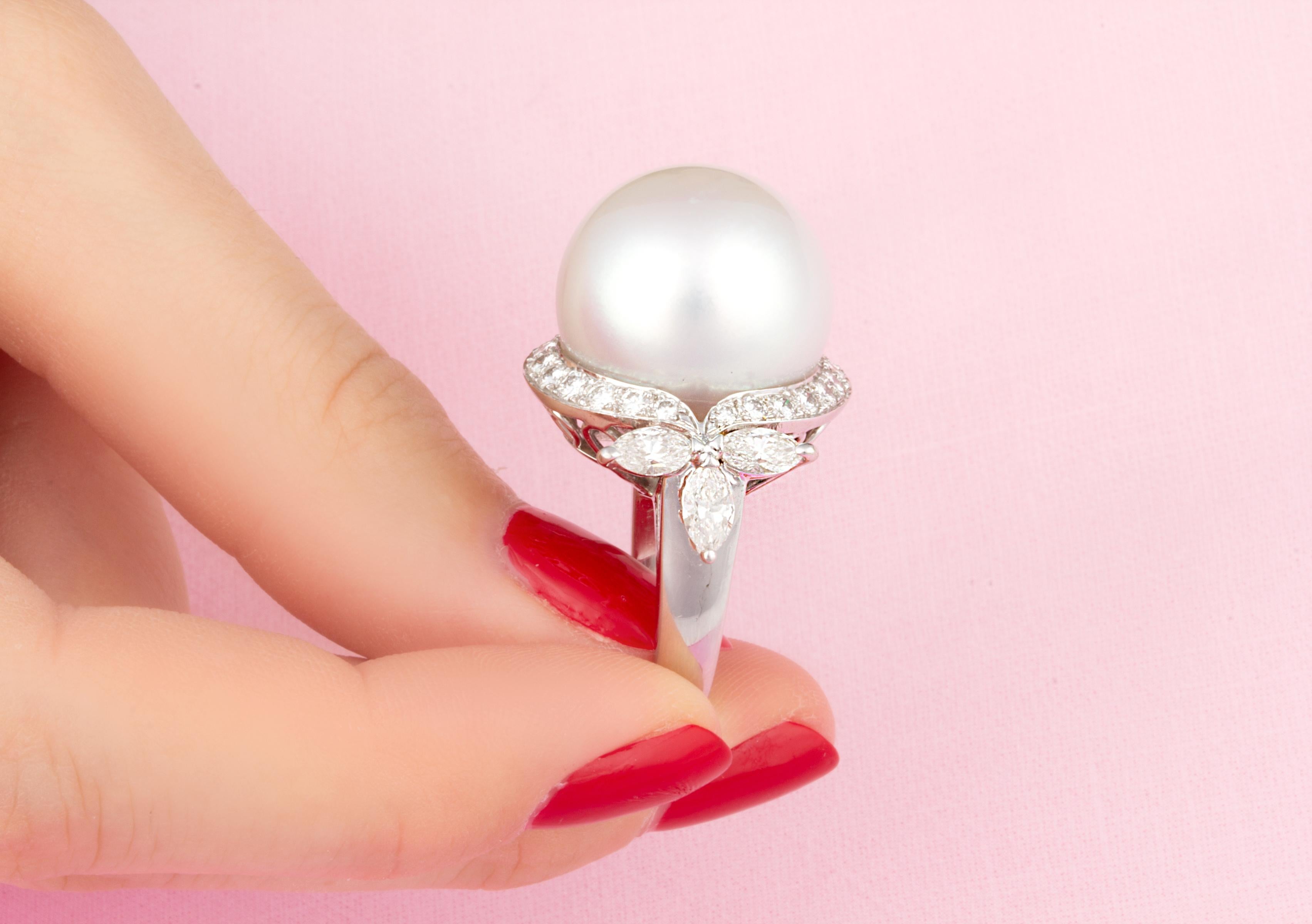 South Sea Pearl And Marquise Diamond Cocktail Ring Design by Ella Gafter In New Condition For Sale In New York, NY