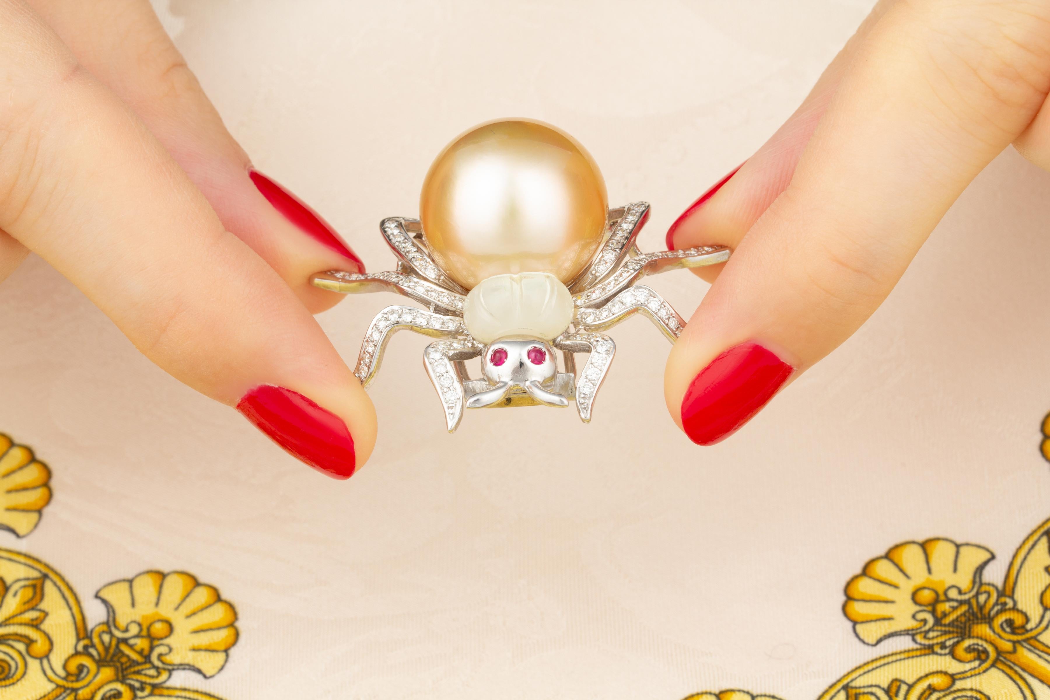 Artist Ella Gafter 19mm Pearl Diamond Spider Brooch Pin For Sale