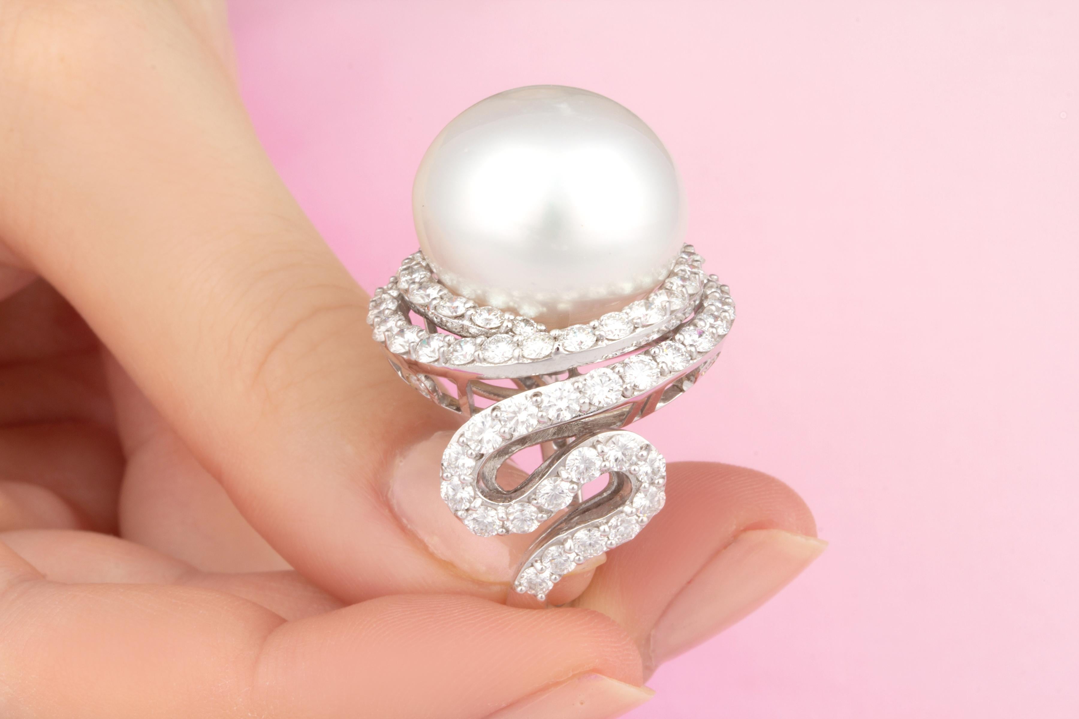 Artist Ella Gafter 19mm South Sea Pearl Diamond Cocktail Ring For Sale