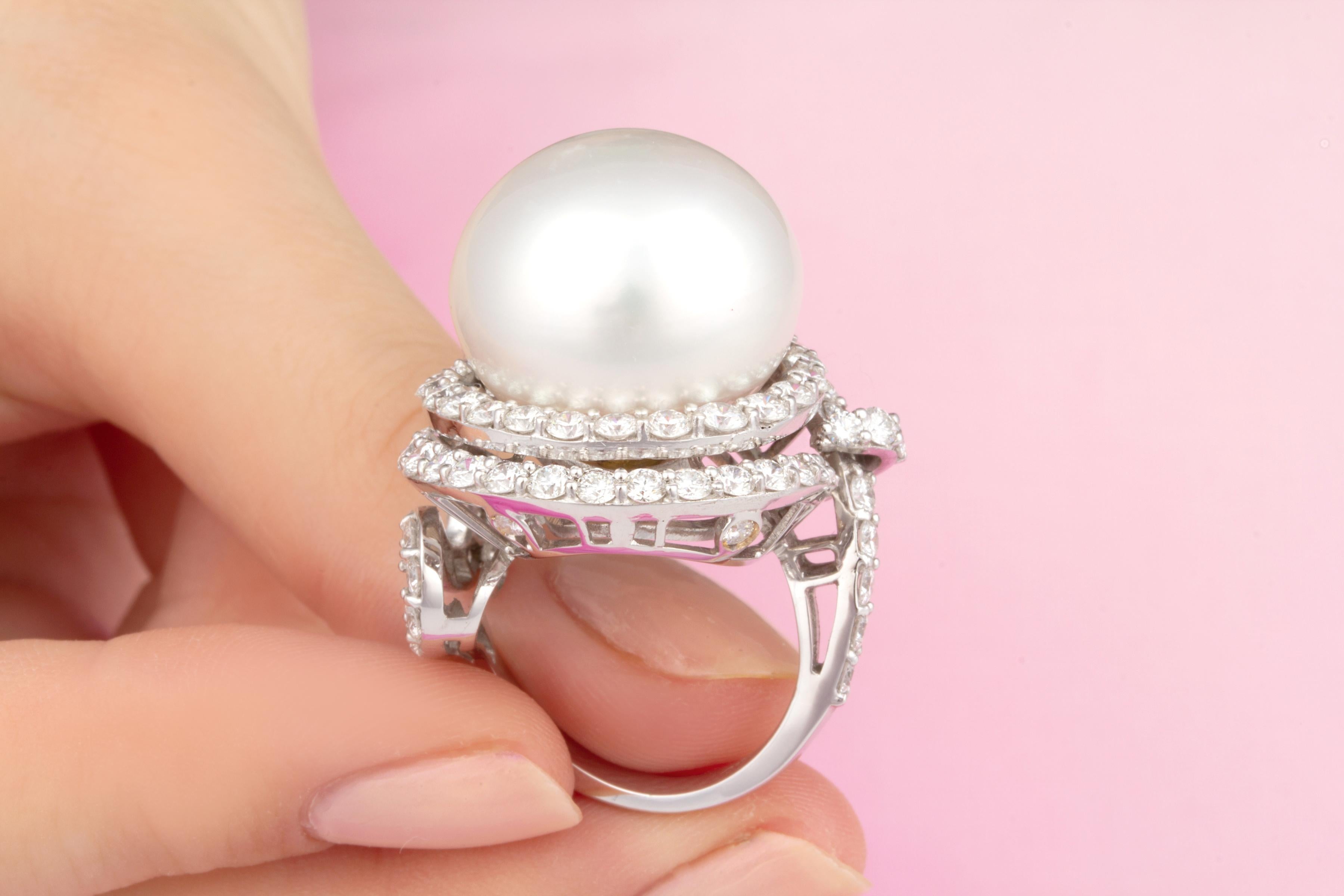 Brilliant Cut Ella Gafter 19mm South Sea Pearl Diamond Cocktail Ring For Sale
