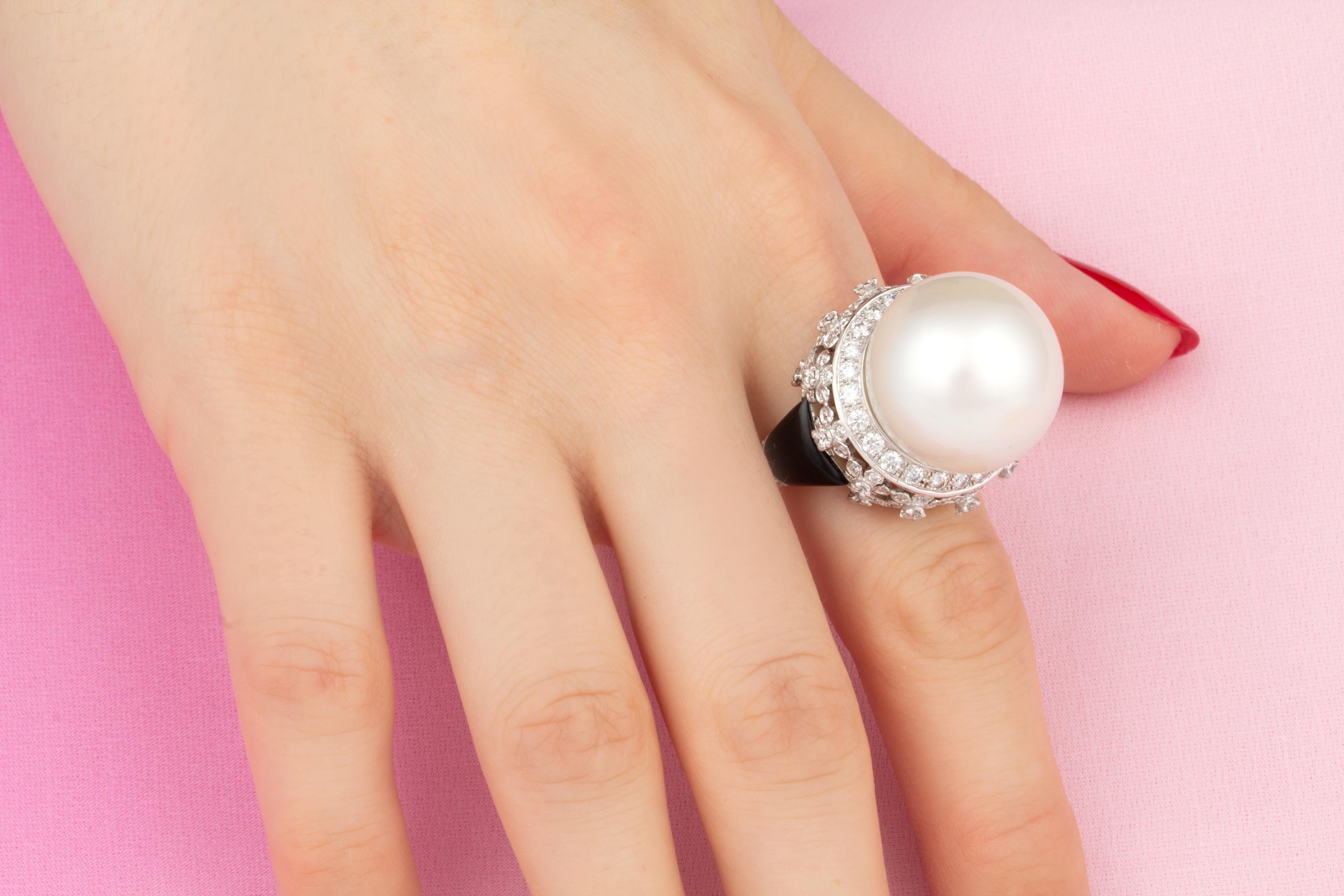 Ella Gafter Art Déco Stil 19mm Südsee Perle Diamant Ring  (Brillantschliff) im Angebot