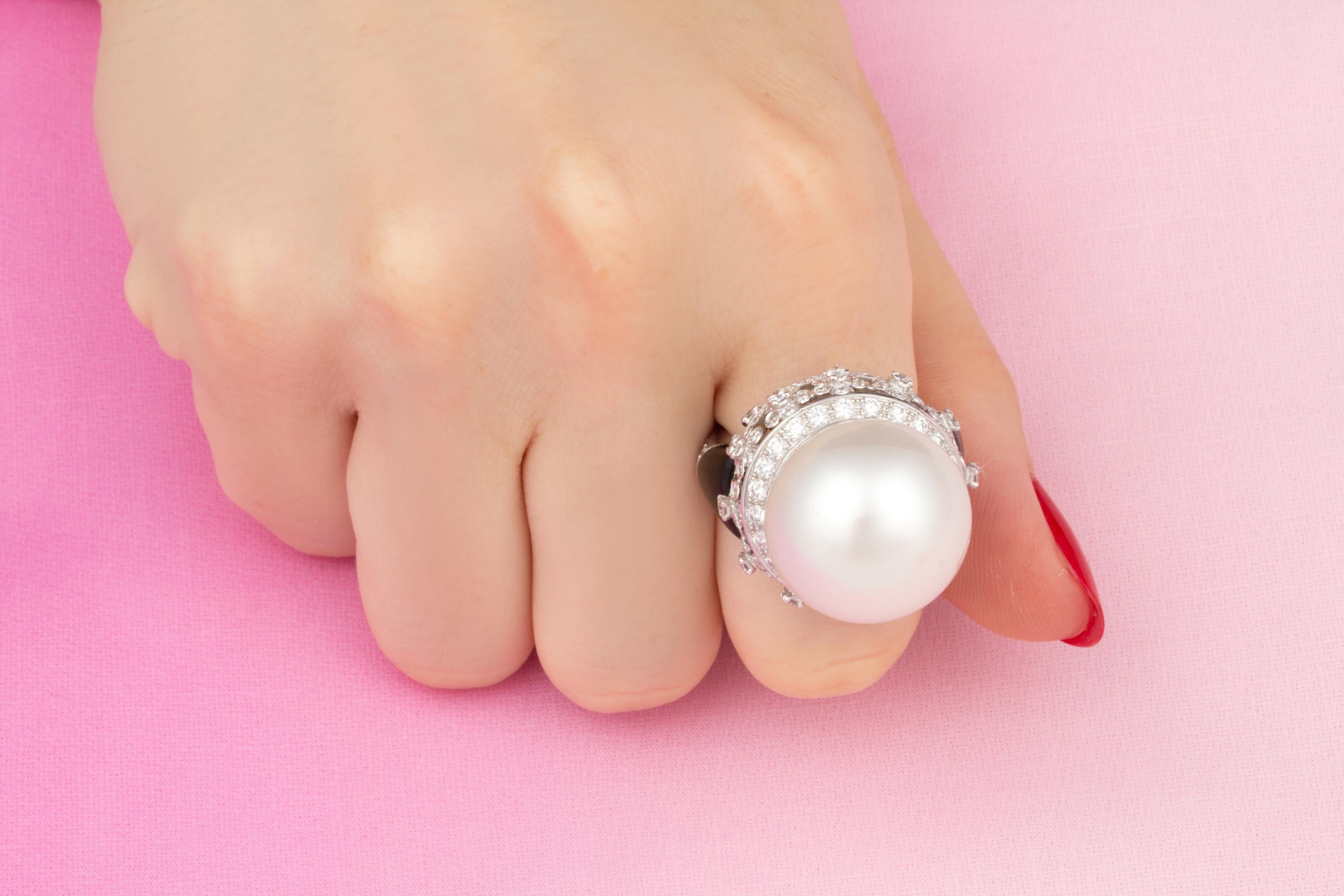 Brilliant Cut Ella Gafter Art Déco style 19mm South Sea Pearl Diamond Ring  For Sale