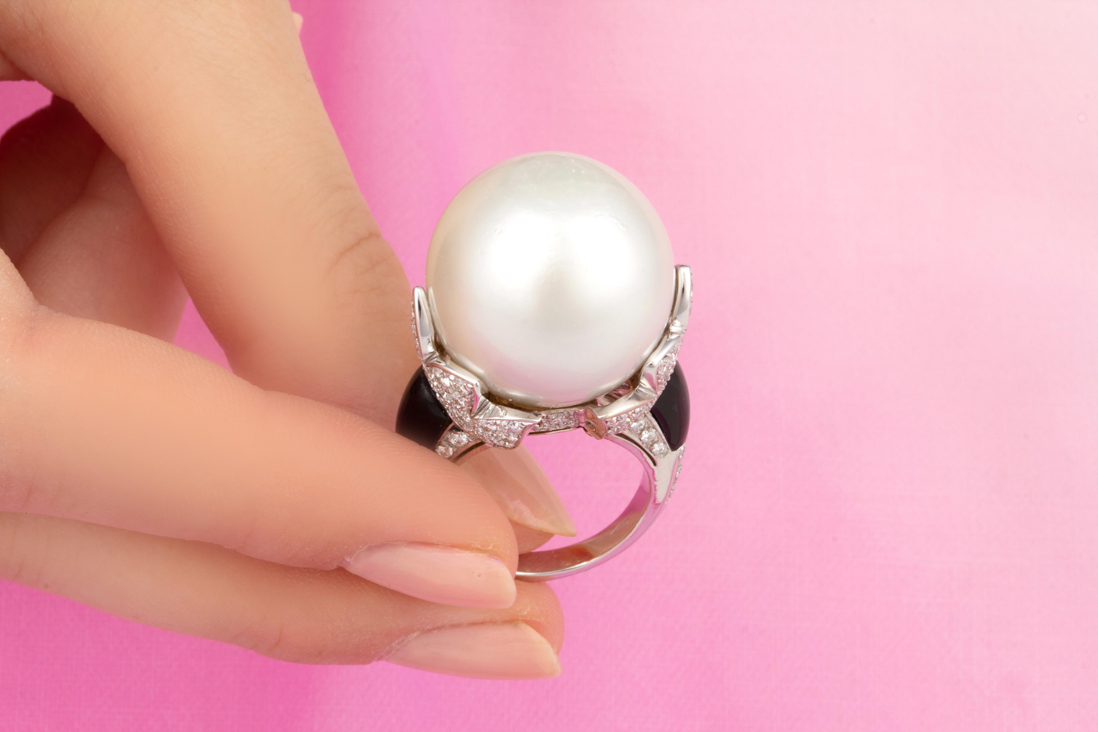 Artist Ella Gafter Art Déco style 20mm Pearl Diamond Ring  For Sale