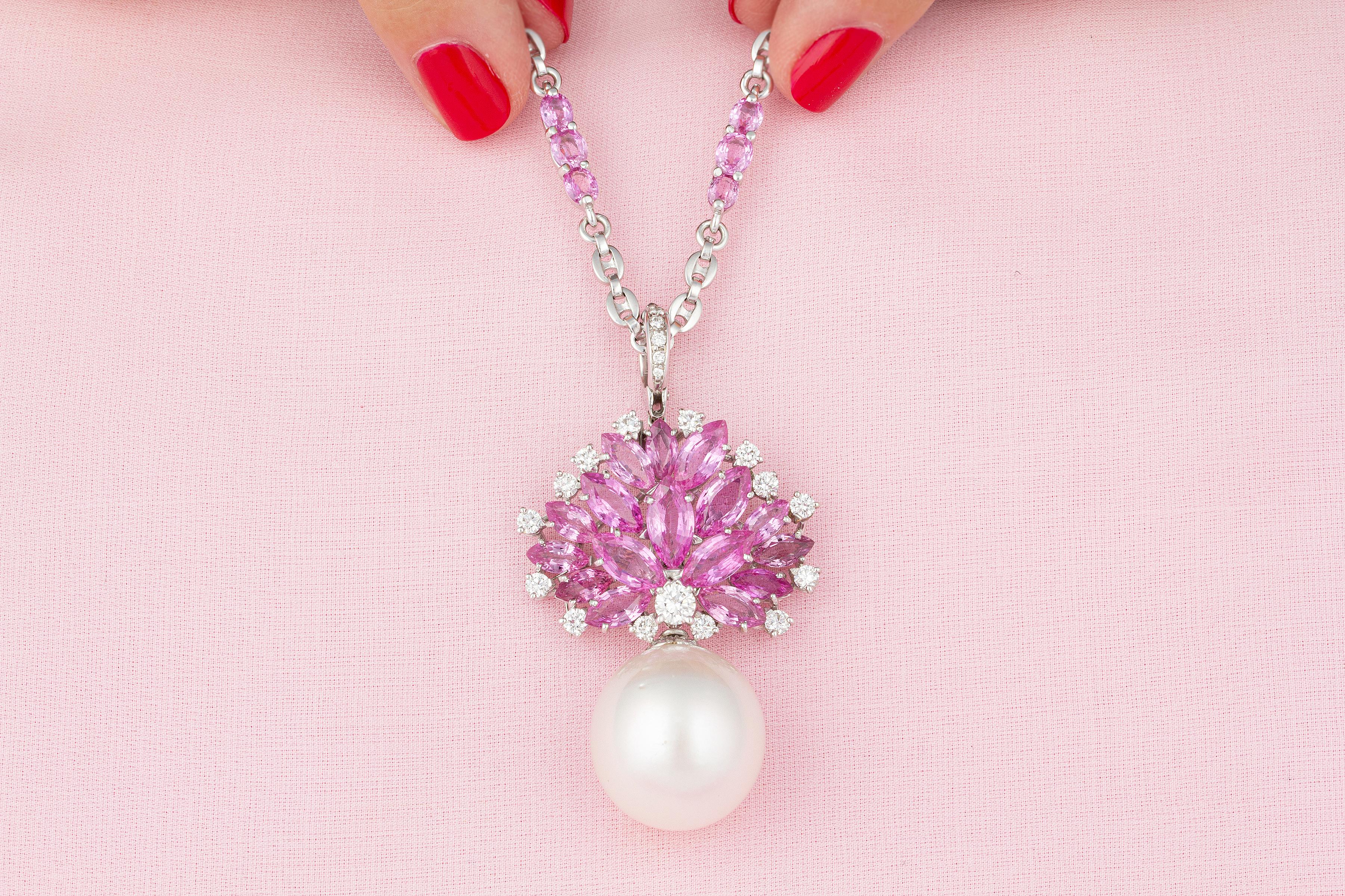 Artist Ella Gafter Pearl Pink Sapphire Diamond Necklace For Sale