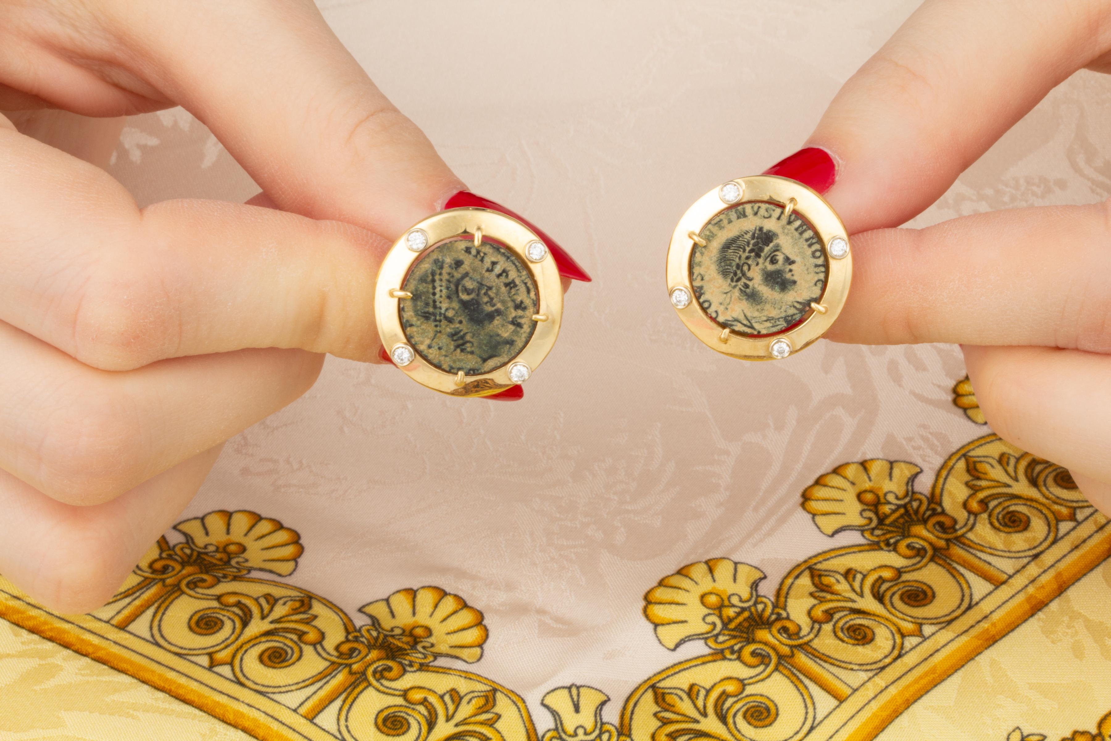 The antique copper coins are set in a handsome yellow gold setting with a detail of round diamonds of top quality (color clarity and cut) for a total of 0.25 carats.
The pair is hand made in our own workshop in Naples, Italy, according to an
