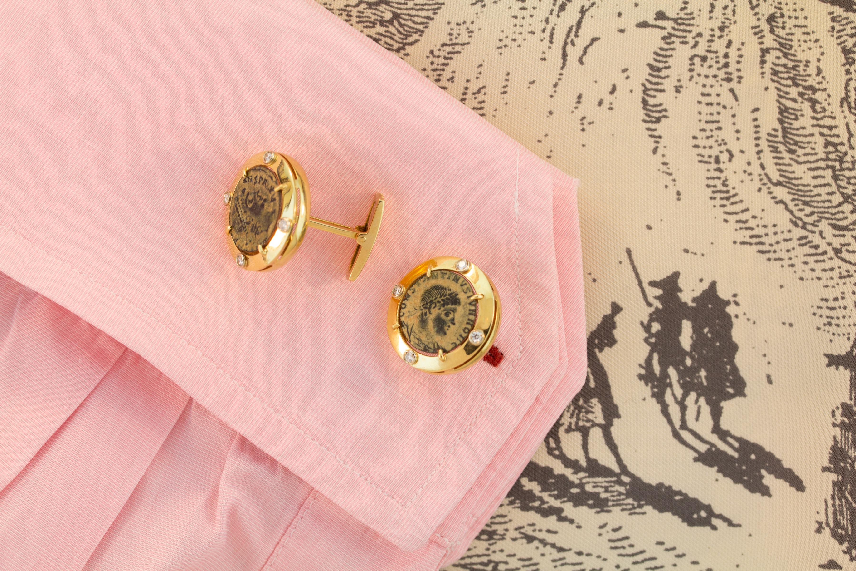 Artist Antique Coin and Diamond Cufflinks 18k Gold Design by Ella Gafter For Sale