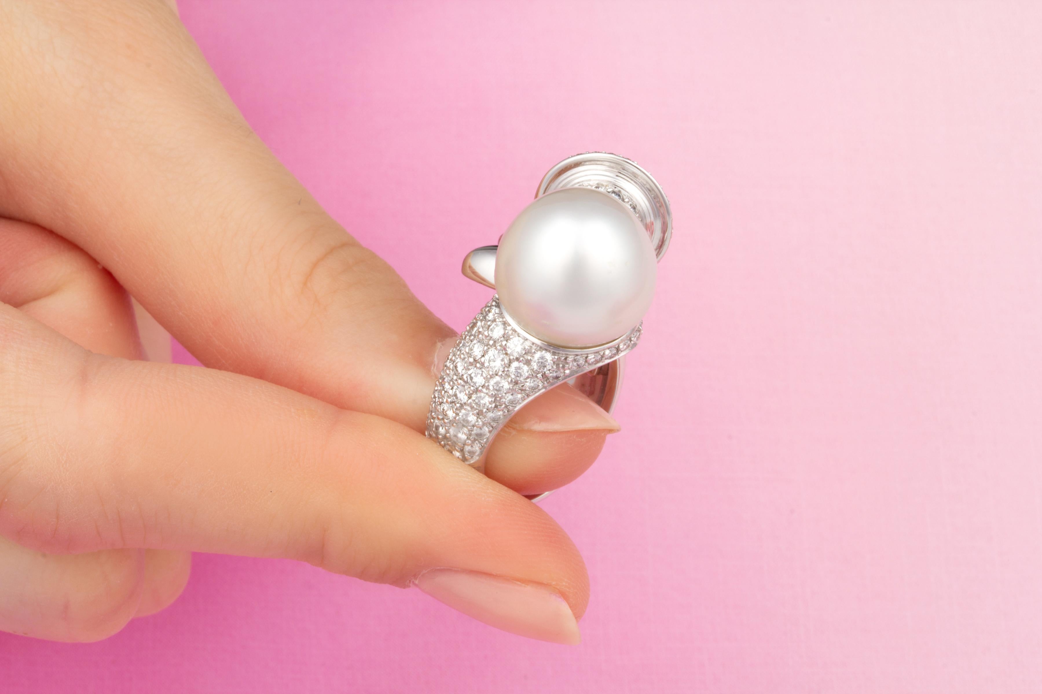 Brilliant Cut Aquarius Zodiac Cocktail Ring South Sea Pearl Diamonds Design by Ella Gafter For Sale