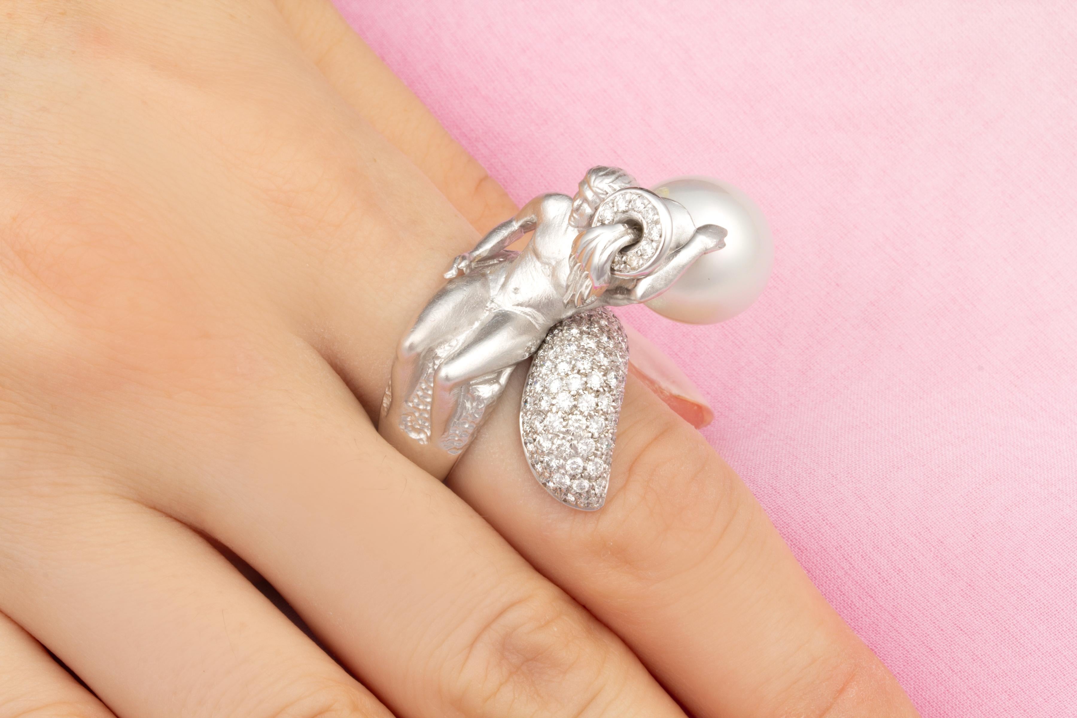 Artist Ella Gafter Aquarius Diamond Pearl Zodiac Ring  For Sale