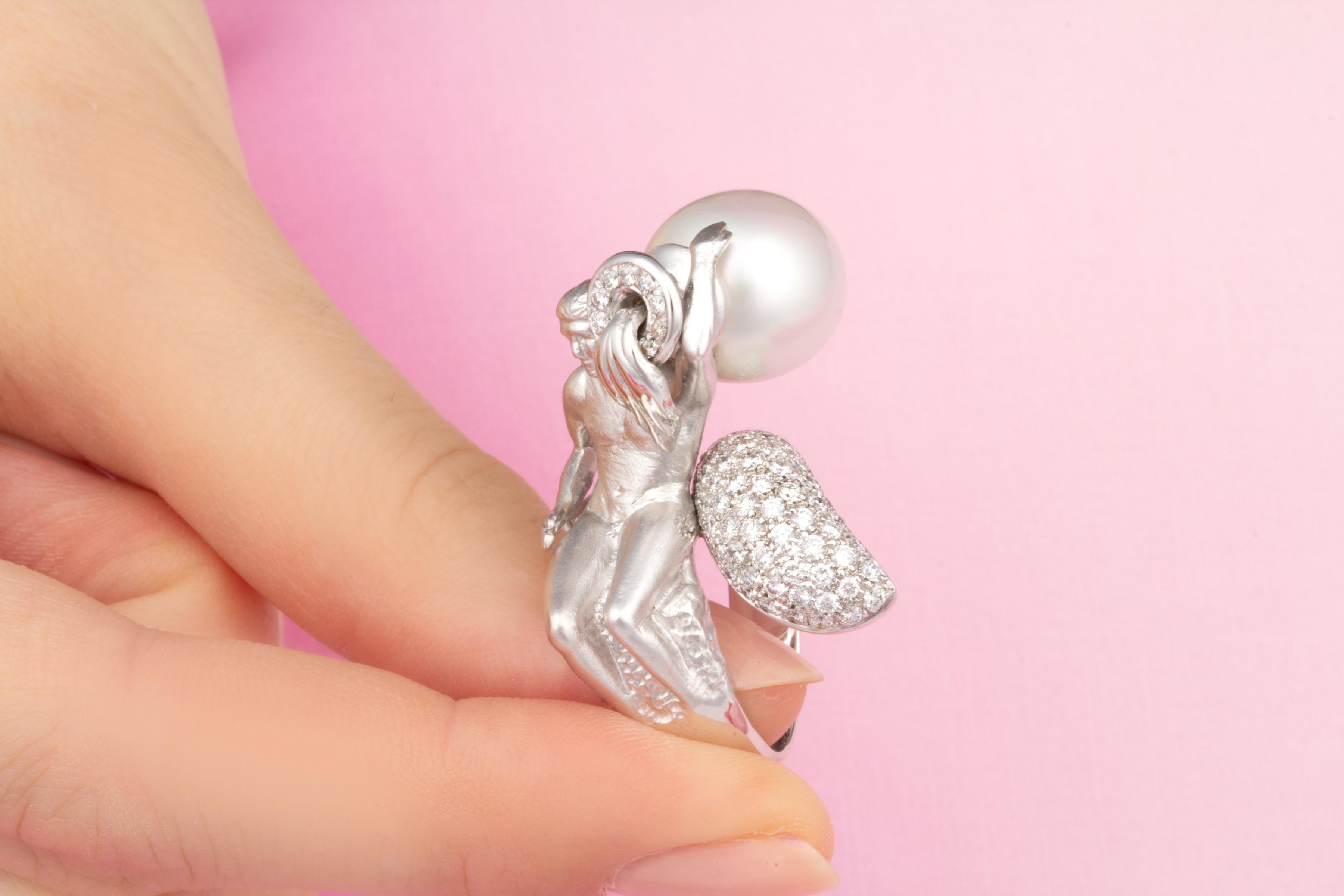 Women's or Men's Ella Gafter Aquarius Diamond Pearl Zodiac Ring  For Sale