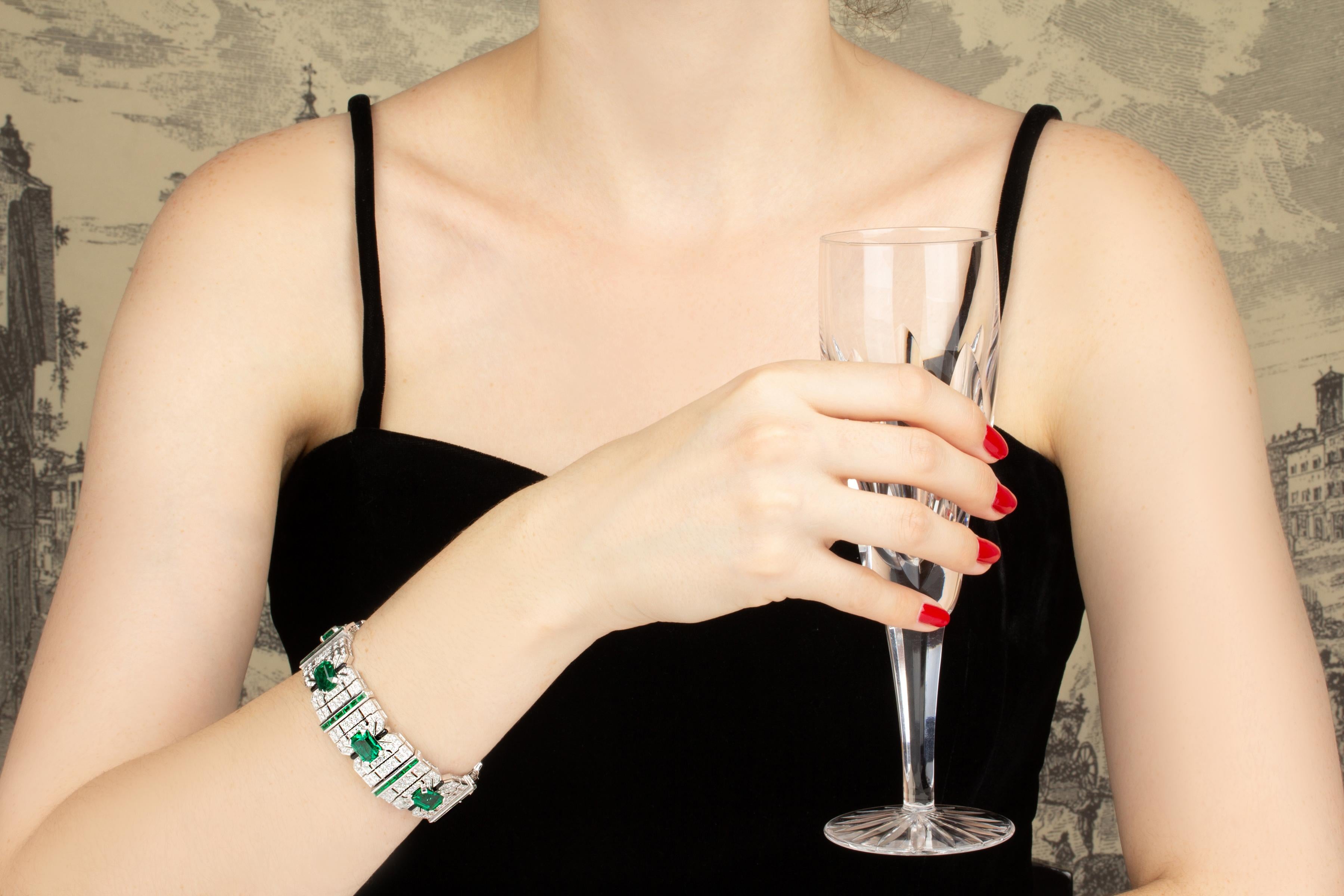 Ella Gafter Art Déco Style Emerald Diamond Cuff Bracelet For Sale 4