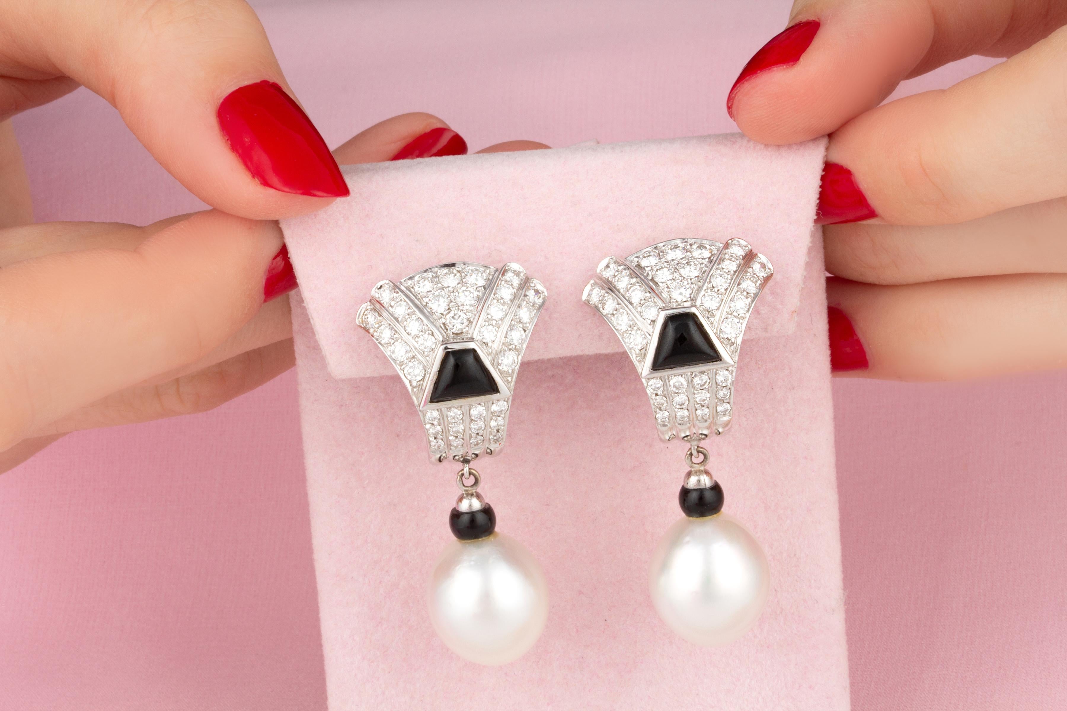 Artist Ella Gafter Art Déco style South Sea Pearl Diamond Onyx  Drop Earrings For Sale