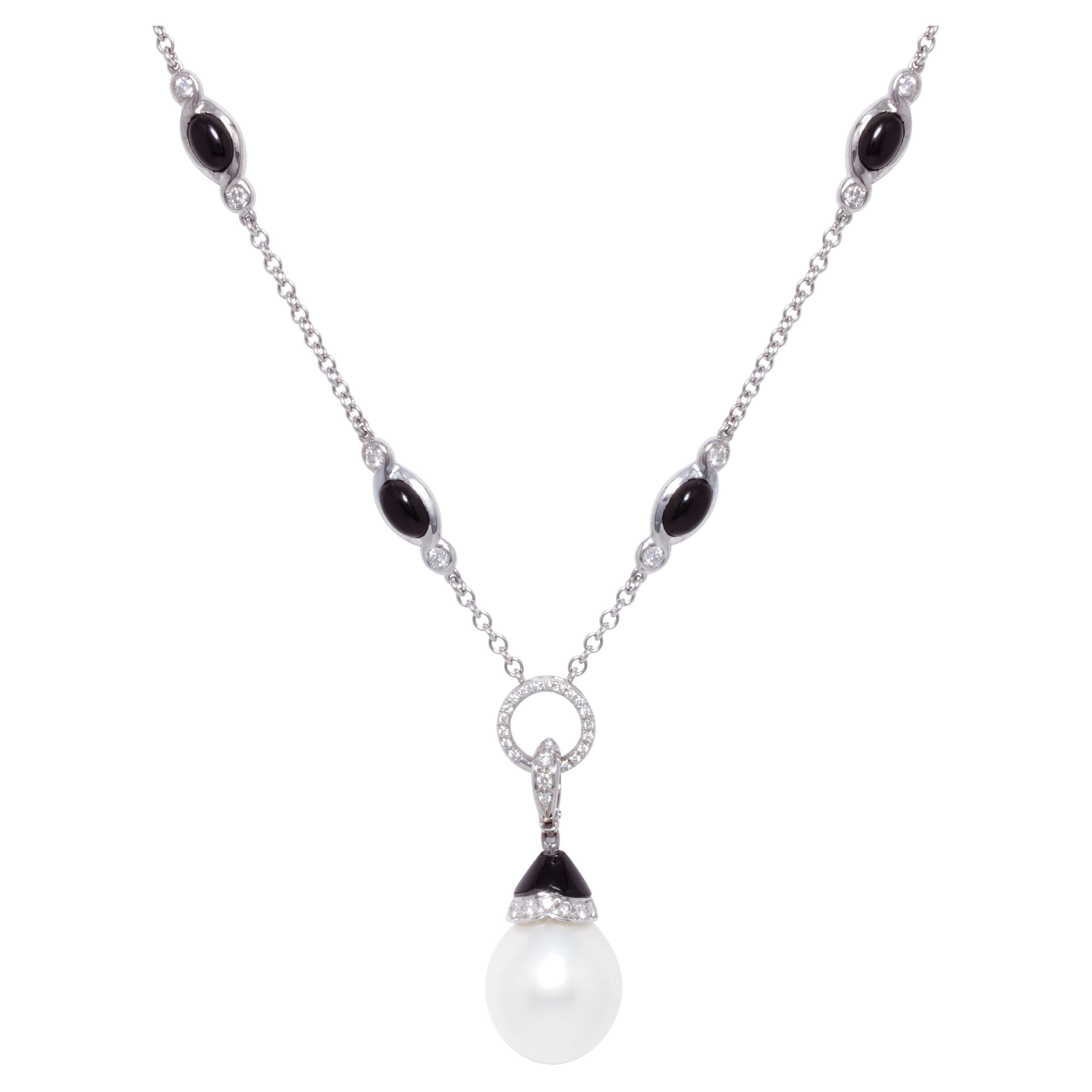 Ella Gafter Art Déco style Pearl Diamond Onyx Pendant Necklace For Sale