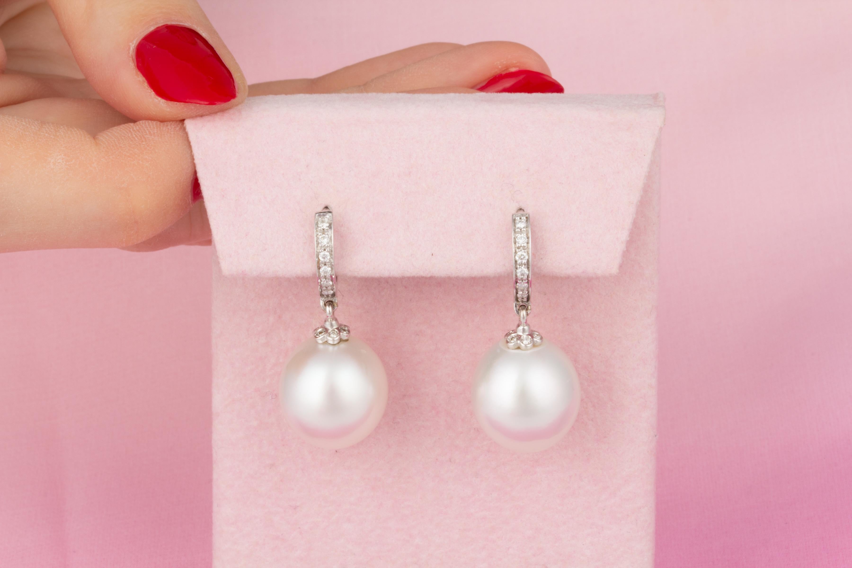 Brilliant Cut Ella Gafter South Sea Pearl Diamond Drop Hoop Earrings For Sale