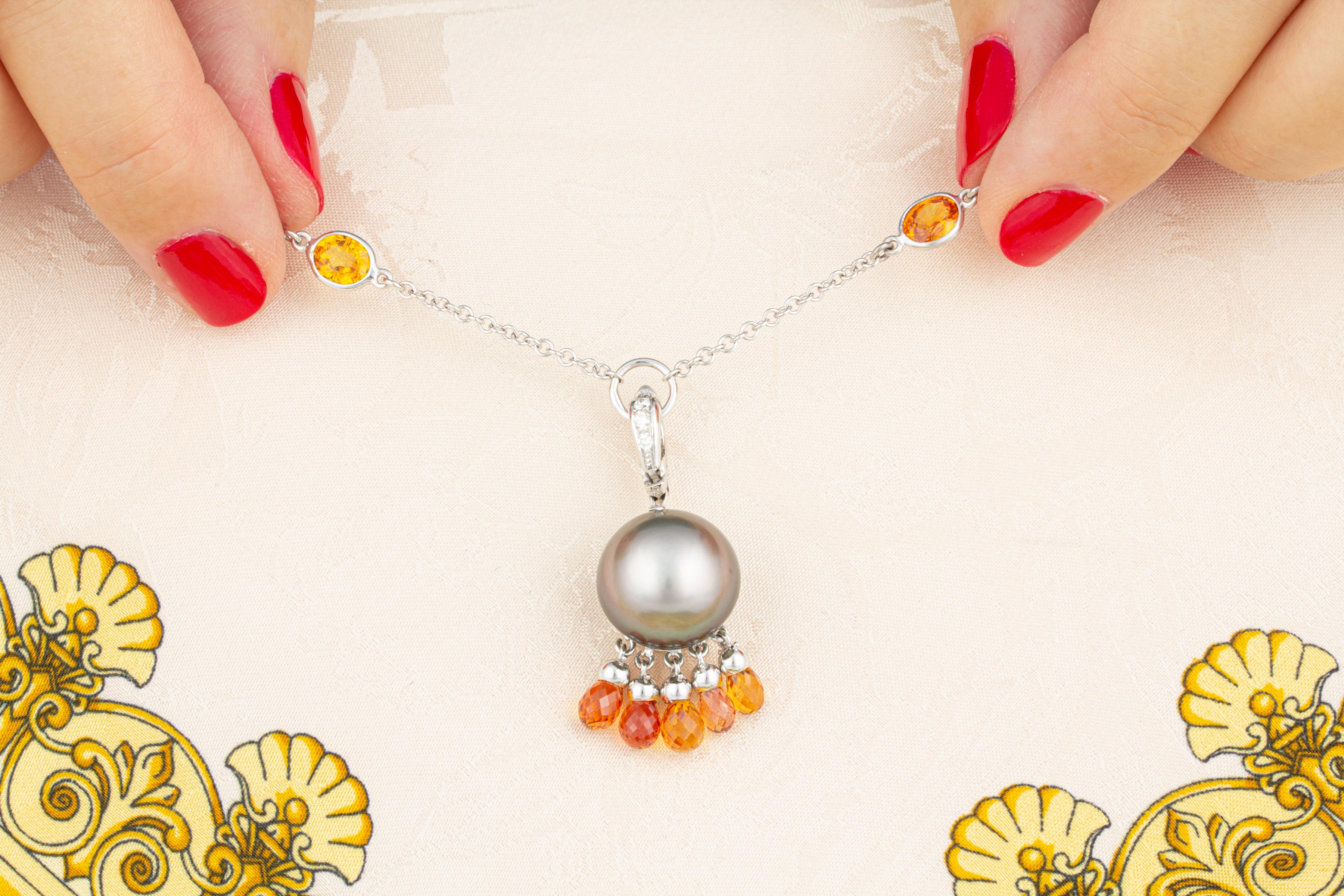 Briolette Cut Ella Gafter Black Pearl Sapphire Diamond Necklace For Sale