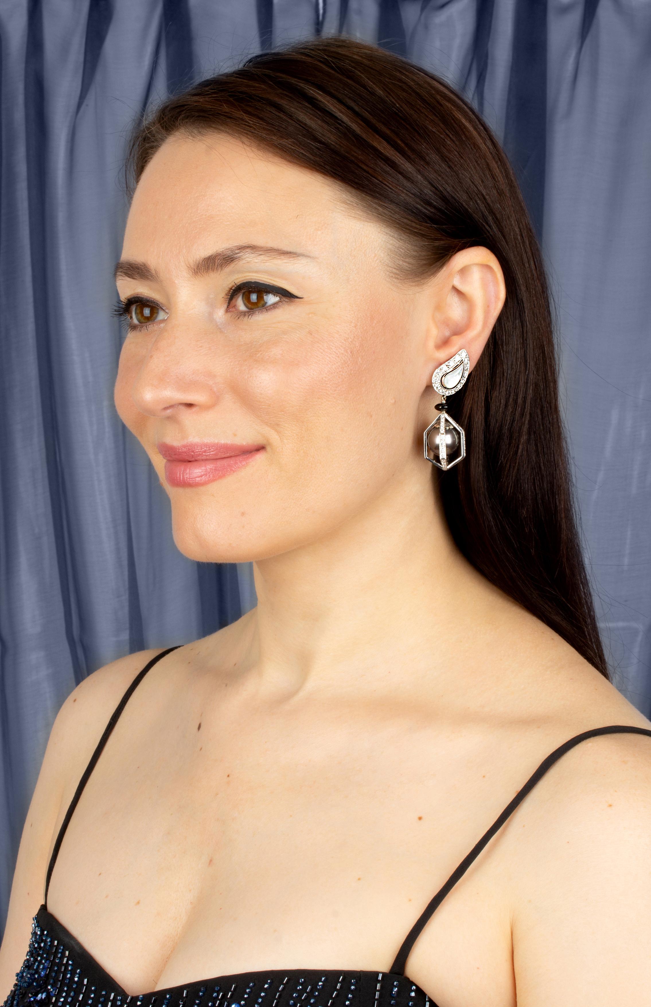 Artist Ella Gafter 144mm Black Tahitian Pearl Diamond Drop Earrings For Sale