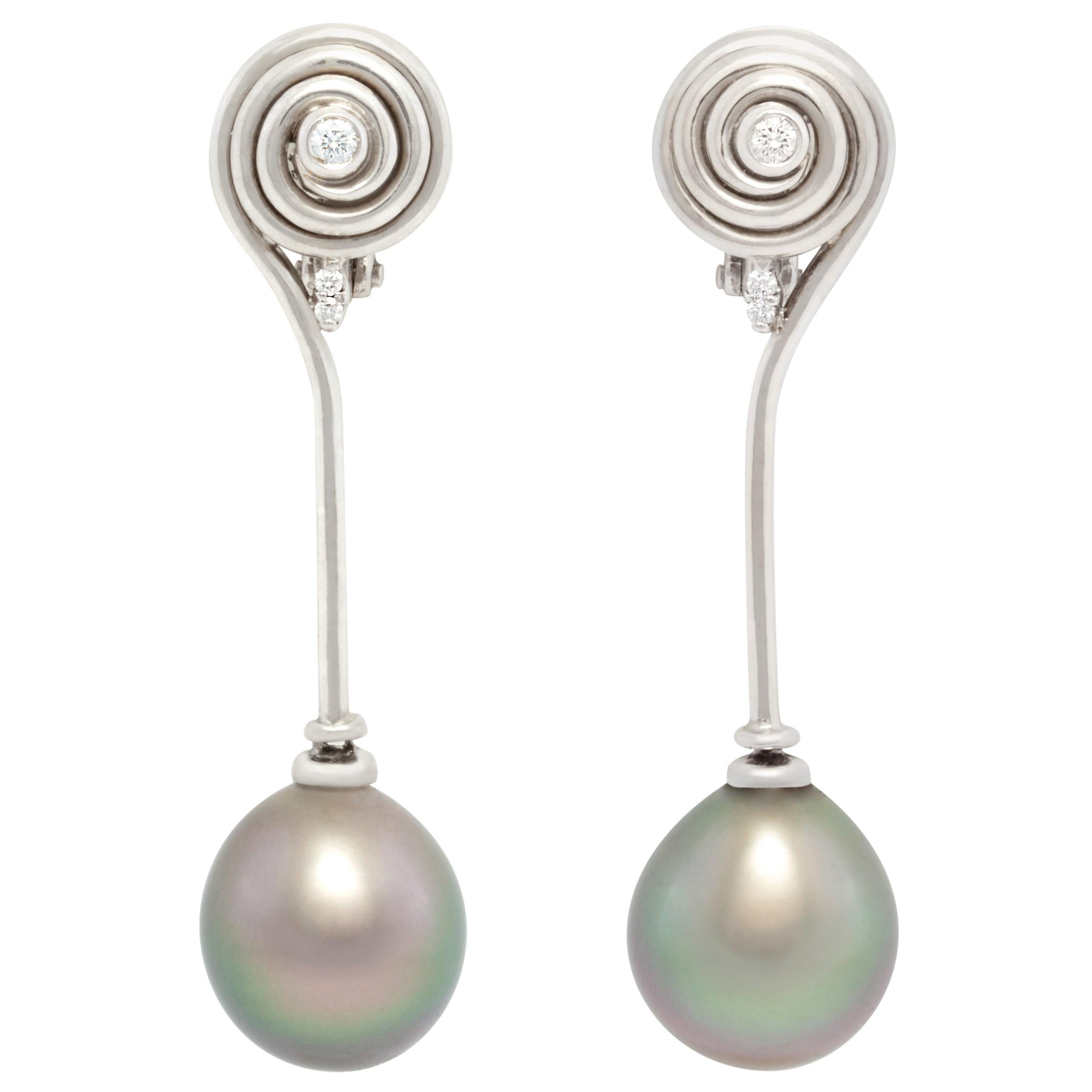 Black Tahitian Pearl and Diamond Drop Earrings Design by Ella Gafter