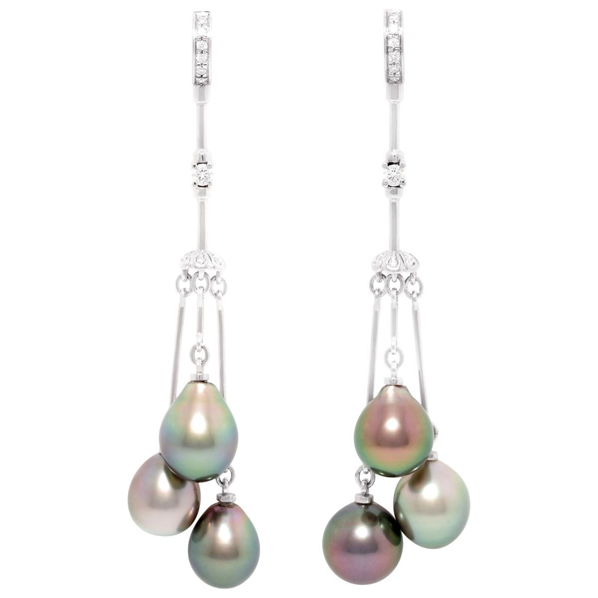 Ella Gafter Boucles d'oreilles chandelier à pampilles en perles noires de Tahiti et diamants