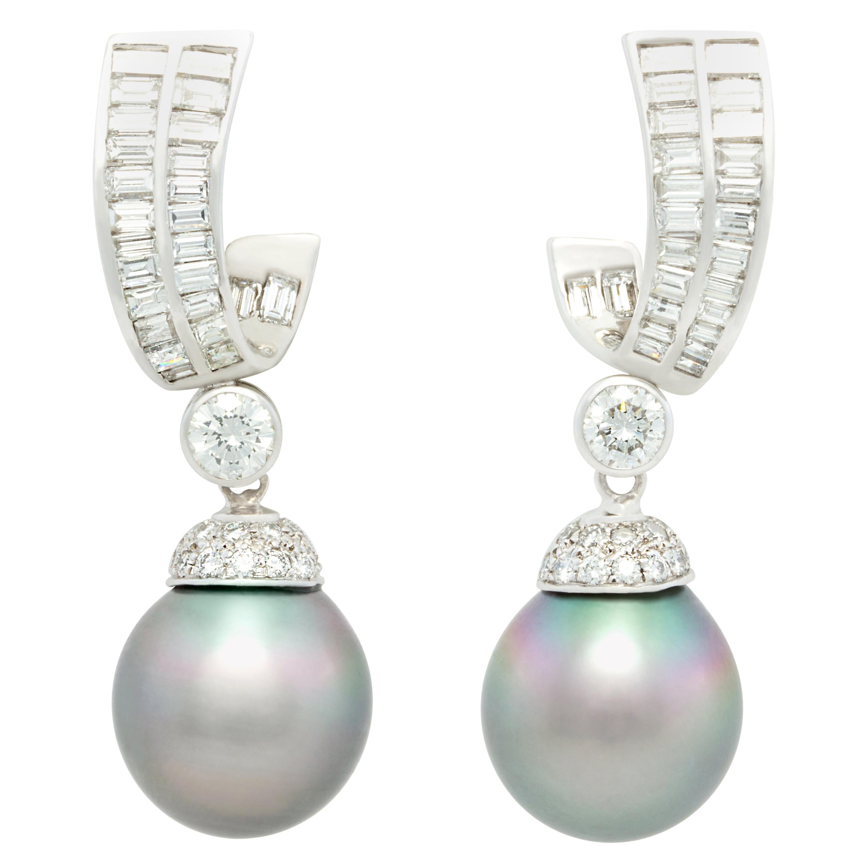 Ella Gafter Tahitian Pearl Baguette Diamond Earrings For Sale