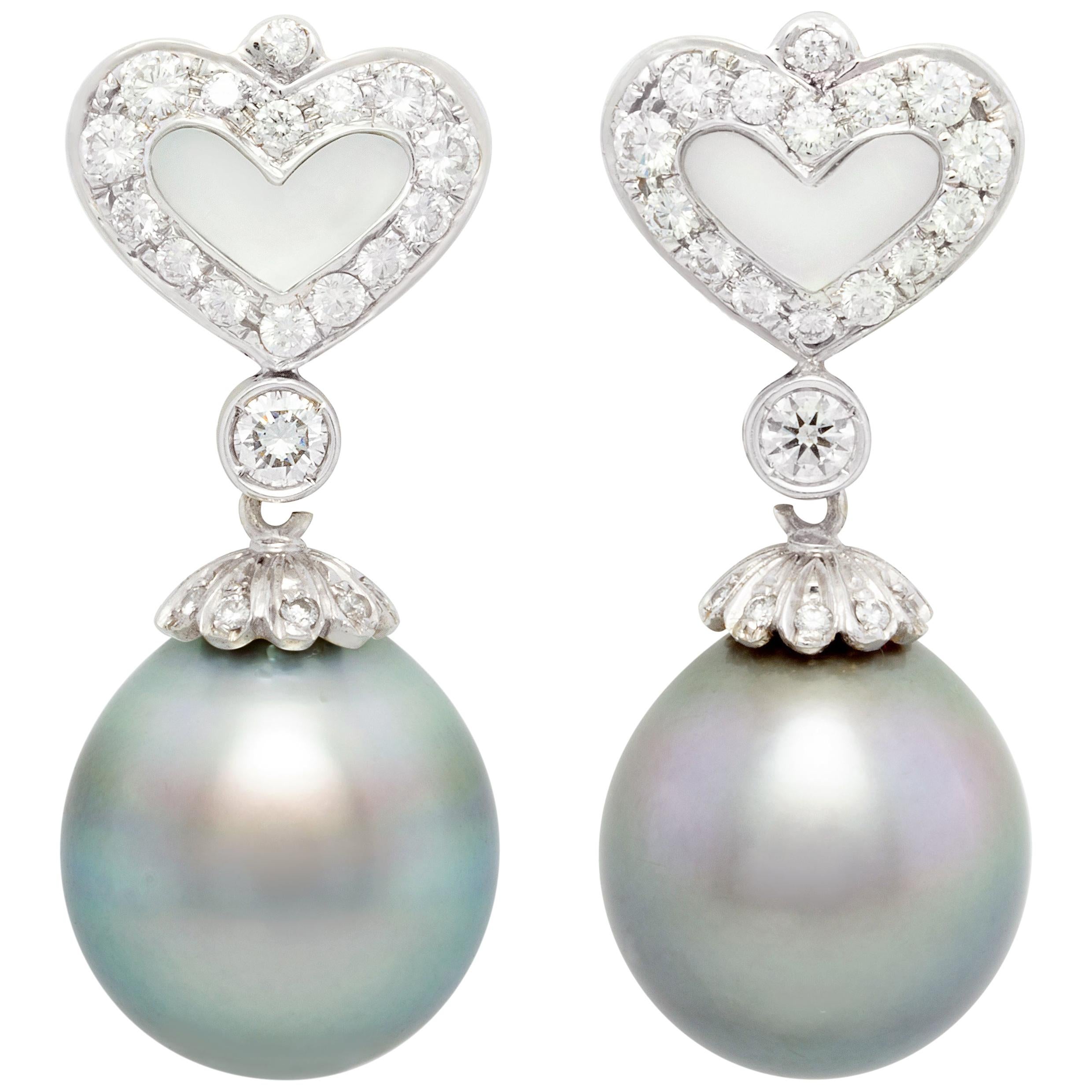 Black Tahitian Pearl Diamond Drop Earrings Heart Shape Design by Ella Gafter