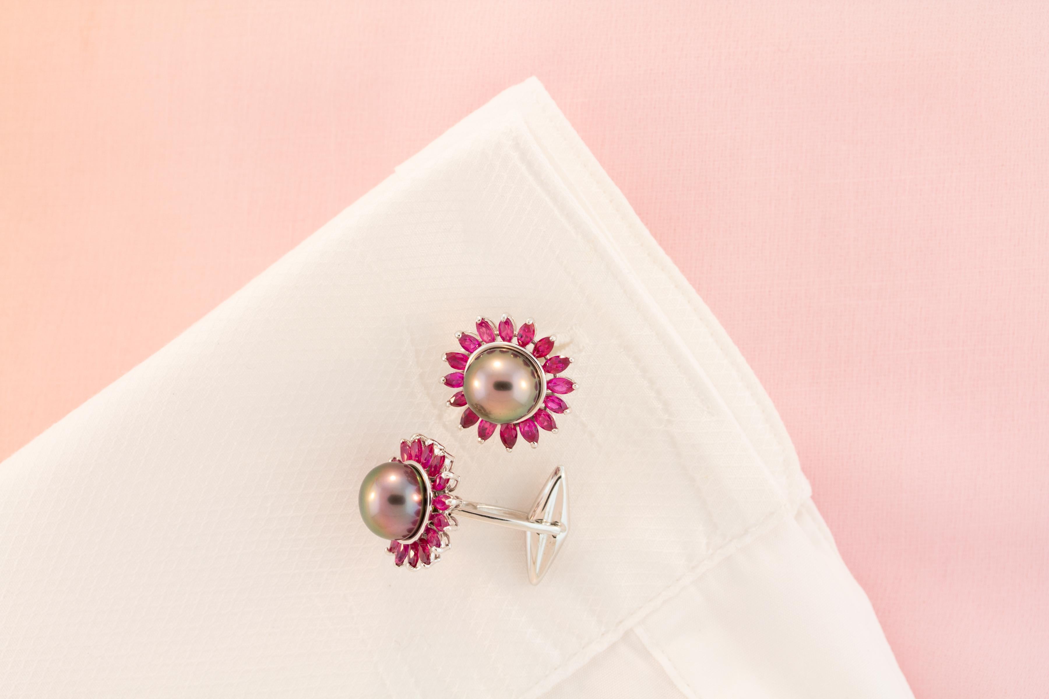 Women's or Men's Tahitian Pearl and Ruby Cufflinks 18k gold Design by Ella Gafter For Sale