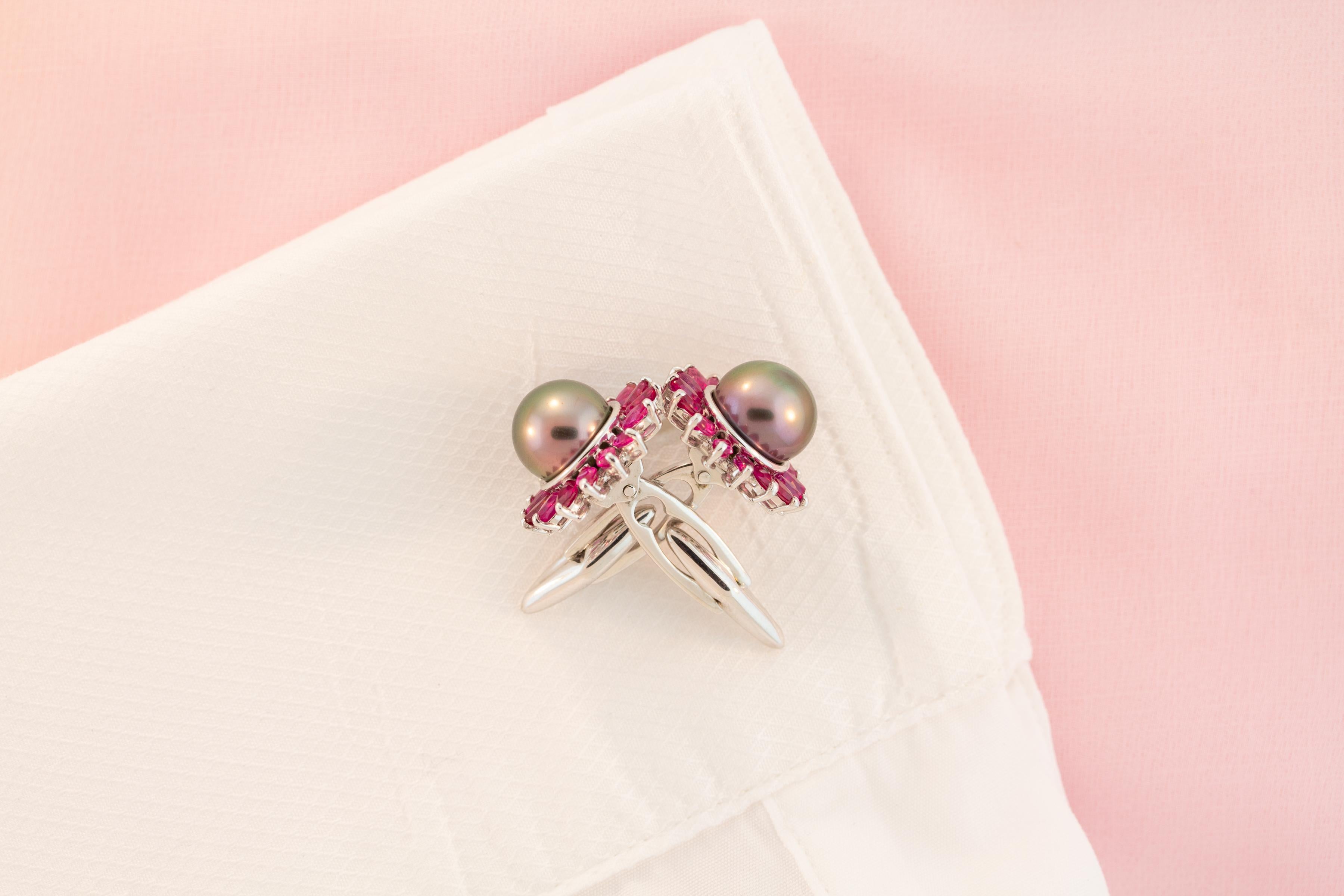 Tahitian Pearl and Ruby Cufflinks 18k gold Design by Ella Gafter For Sale 2