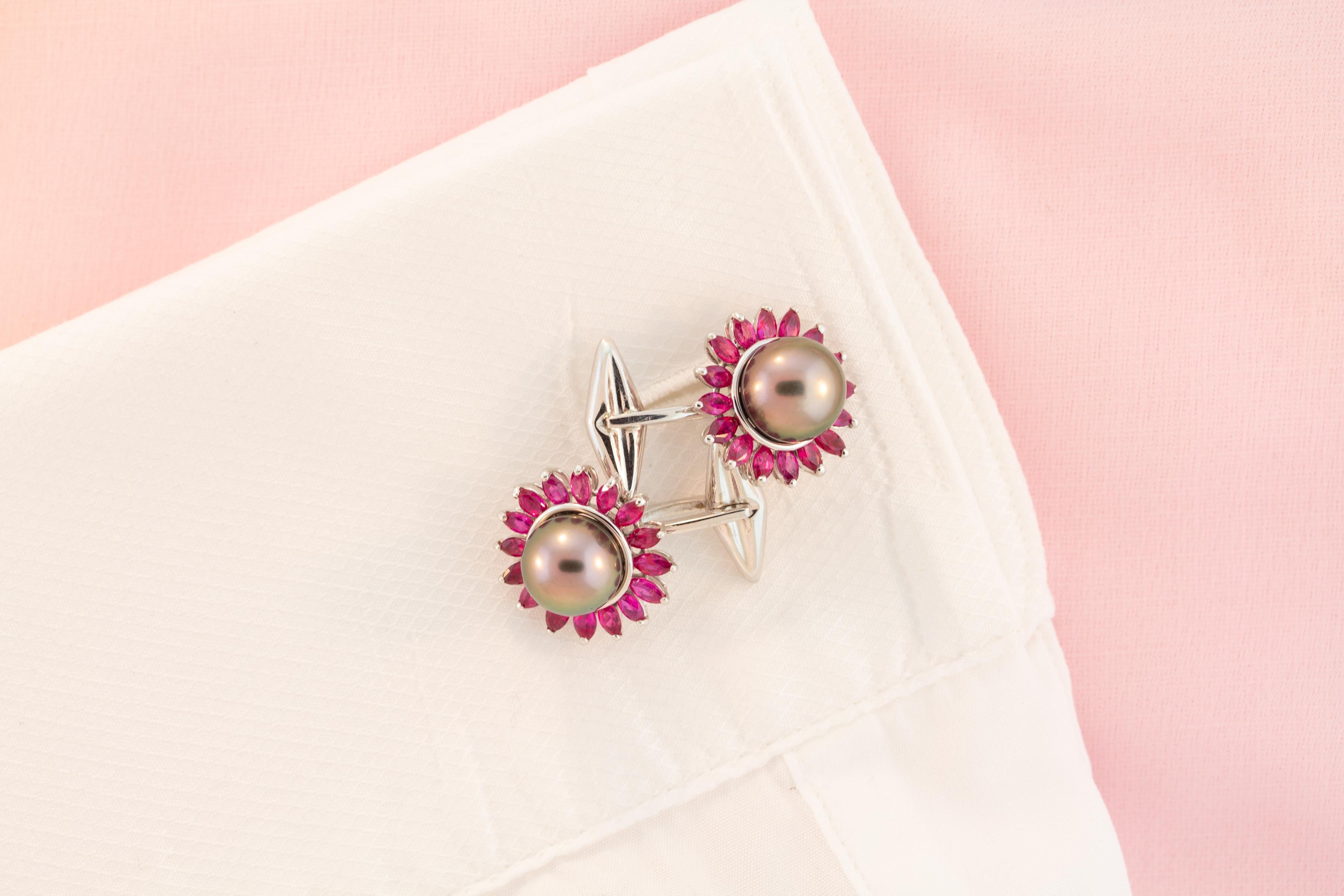 Tahitian Pearl and Ruby Cufflinks 18k gold Design by Ella Gafter For Sale 3