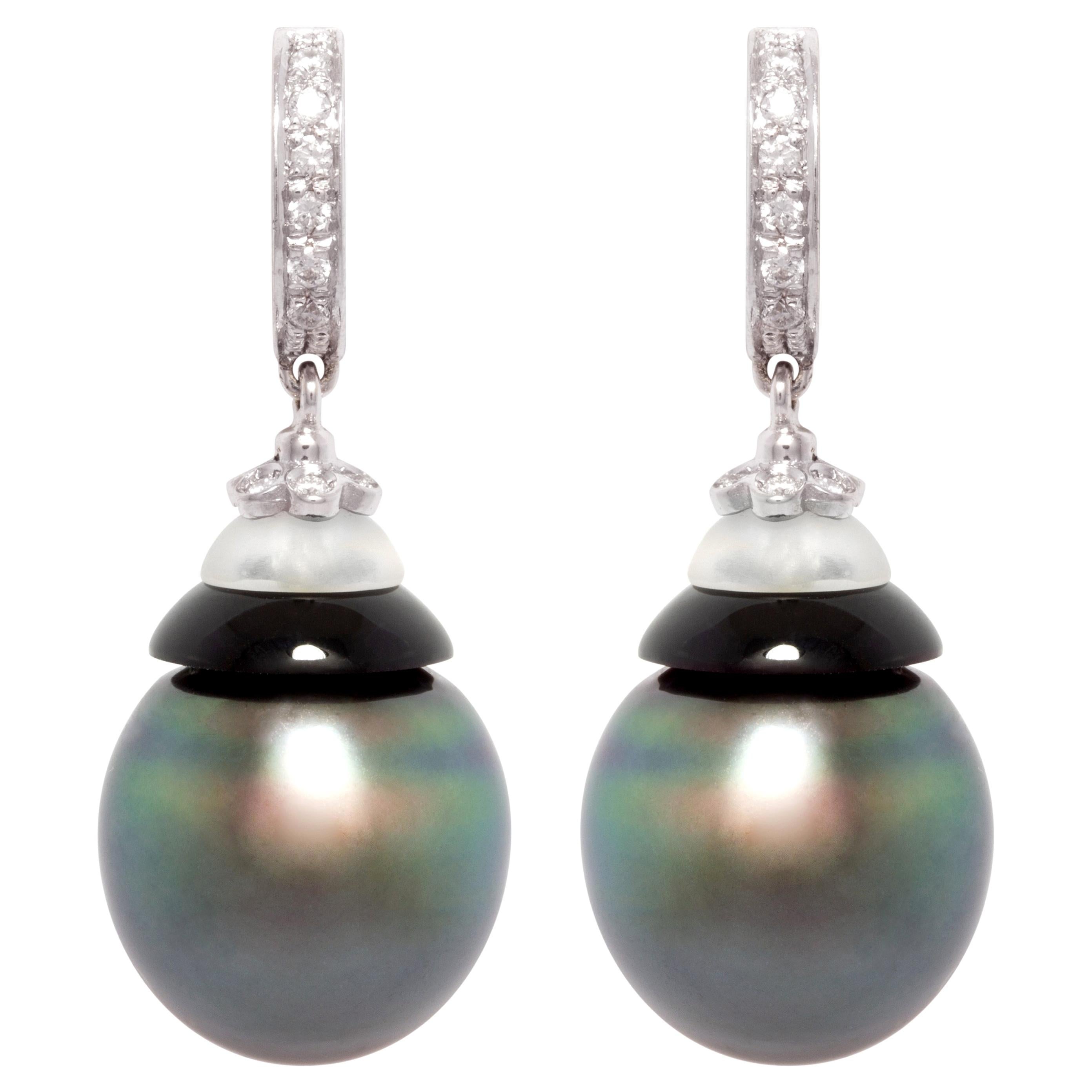 Black Tahitian Pearl 14mm Drop Earrings Crystal Onyx Design by Ella Gafter For Sale