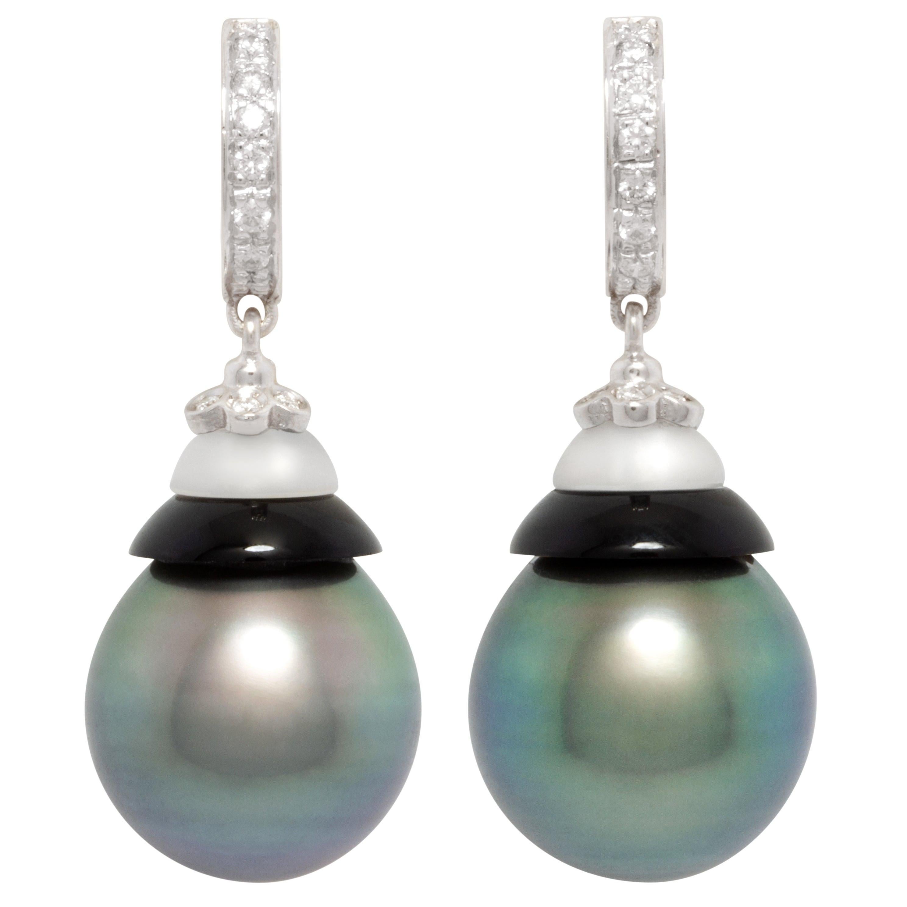 Ella Gafter 14mm Peacock Tahitian Pearl Diamond Earrings  For Sale