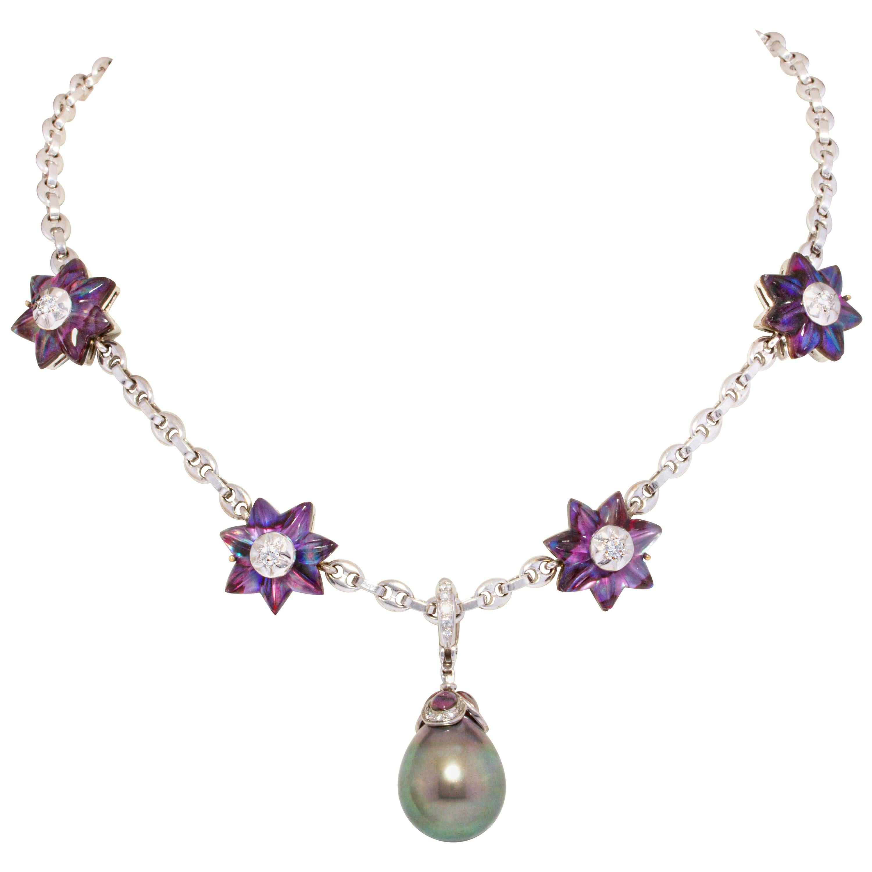 Ella Gafter 17mm Pearl Diamond Flower Necklace For Sale