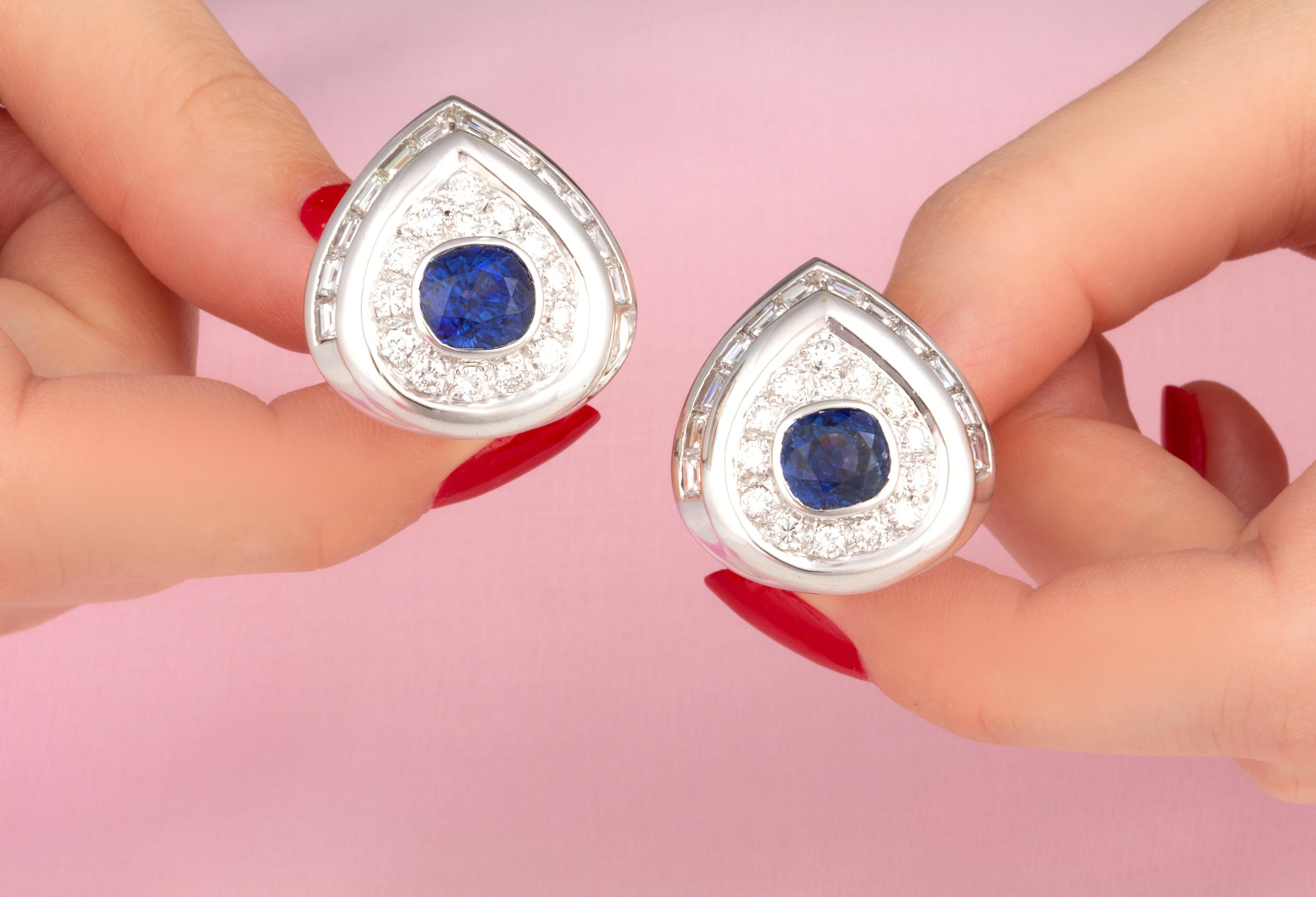 Baguette Cut Ella Gafter Blue Ceylon Sapphire Diamond Earrings