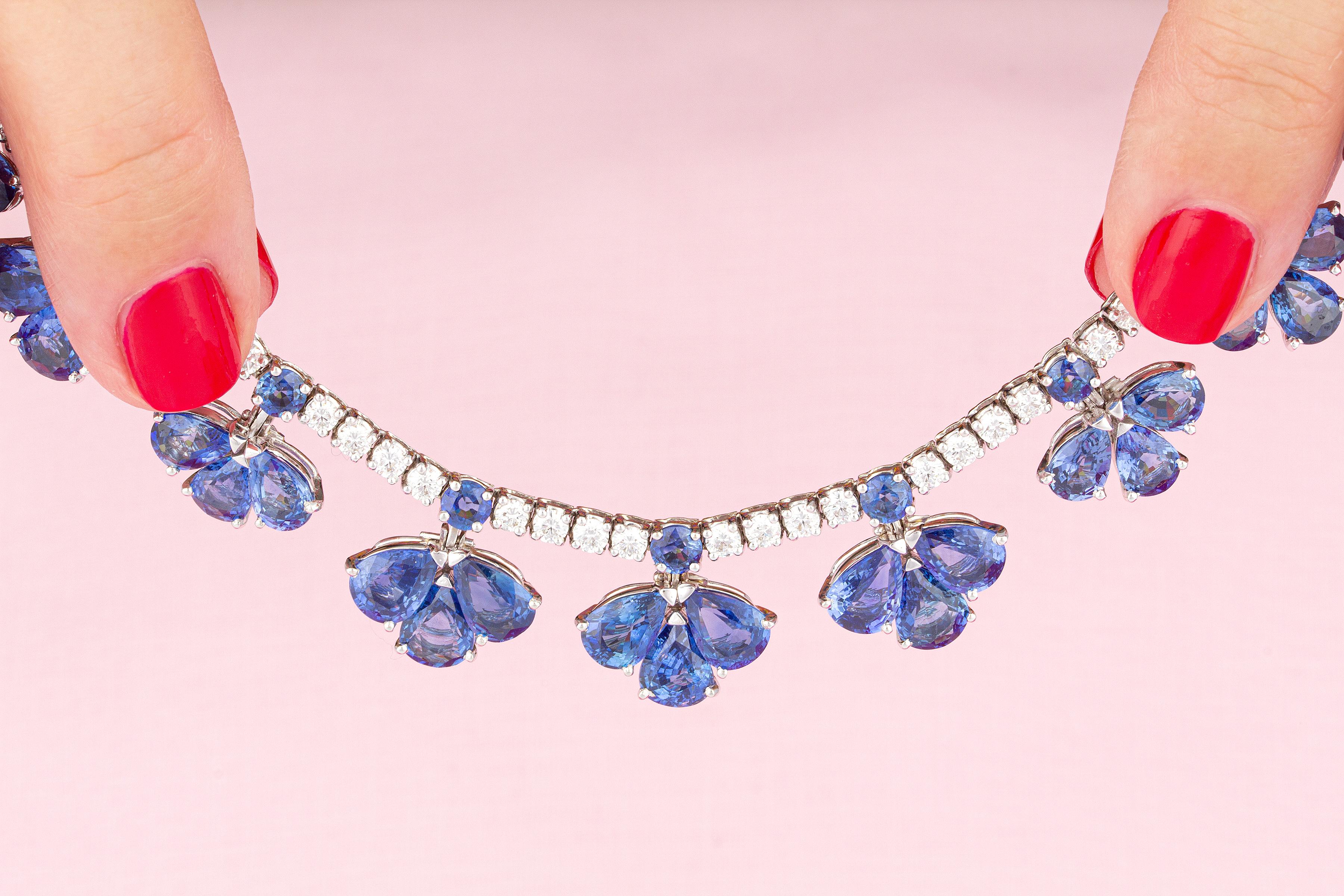 Artist Ella Gafter Blue Ceylon Sapphire Diamond Flower Necklace For Sale