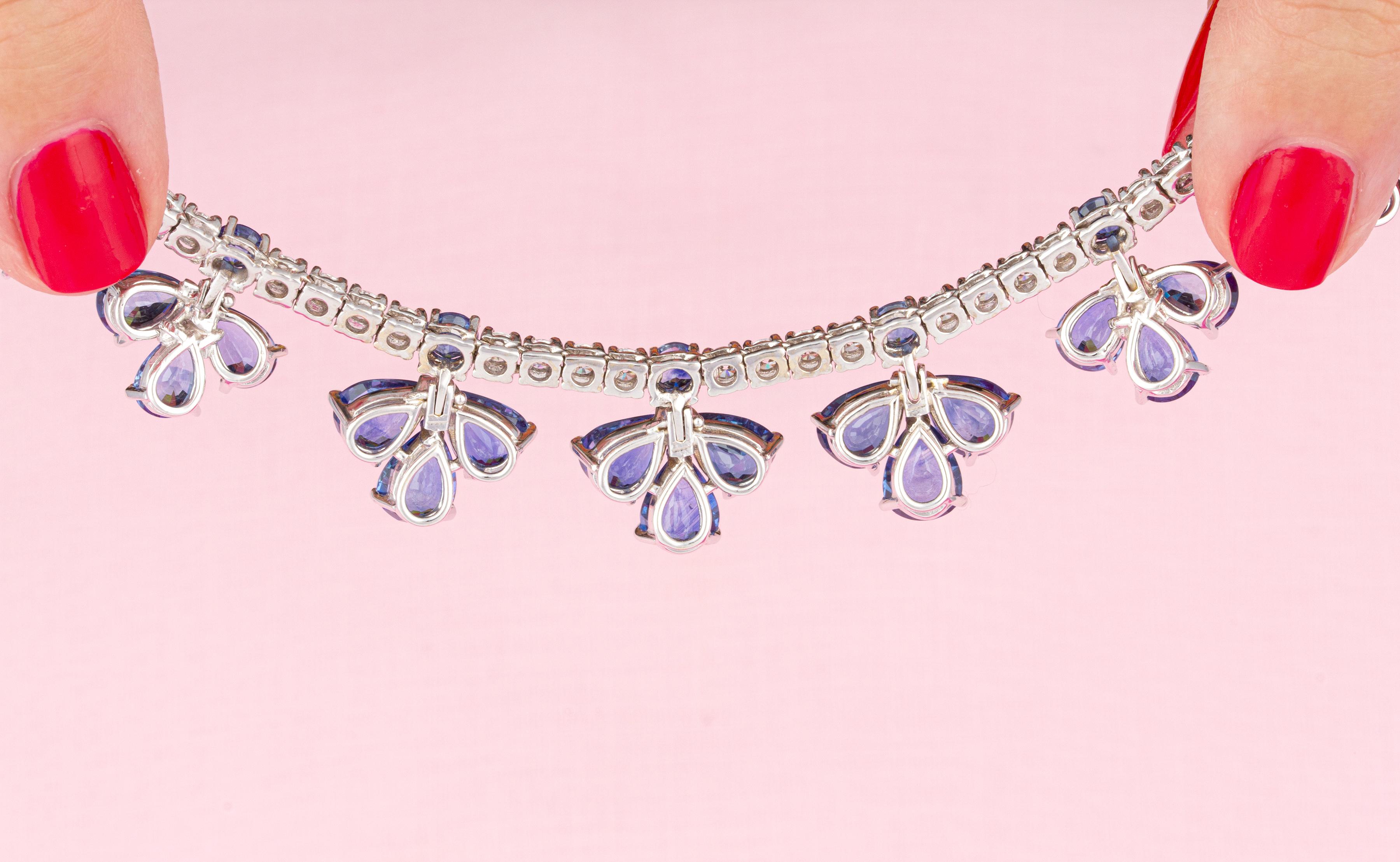 Pear Cut Ella Gafter Blue Ceylon Sapphire Diamond Flower Necklace For Sale