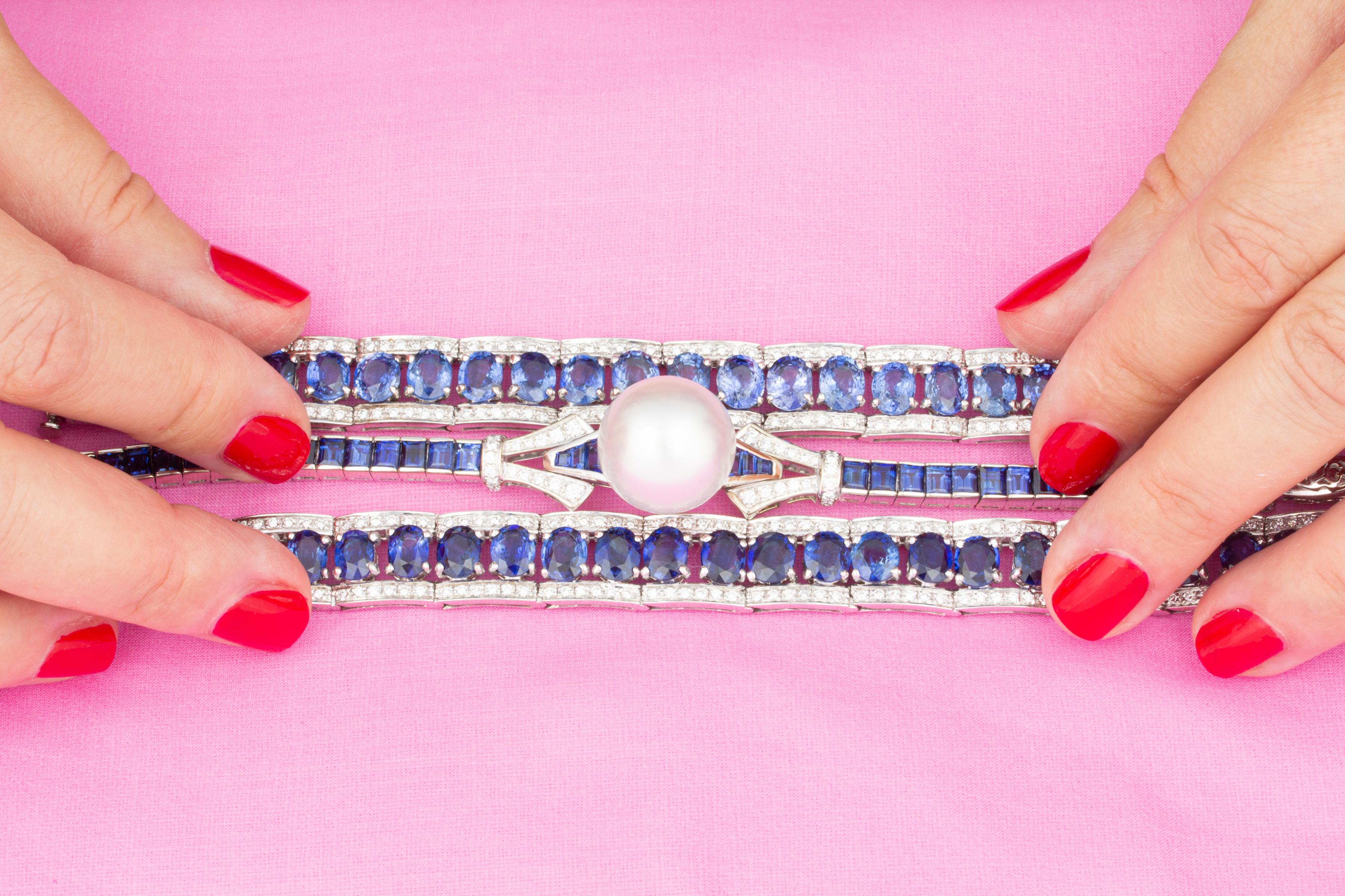 Ella Gafter Blue Ceylon Sapphire Diamond Pearl Bracelet For Sale 3