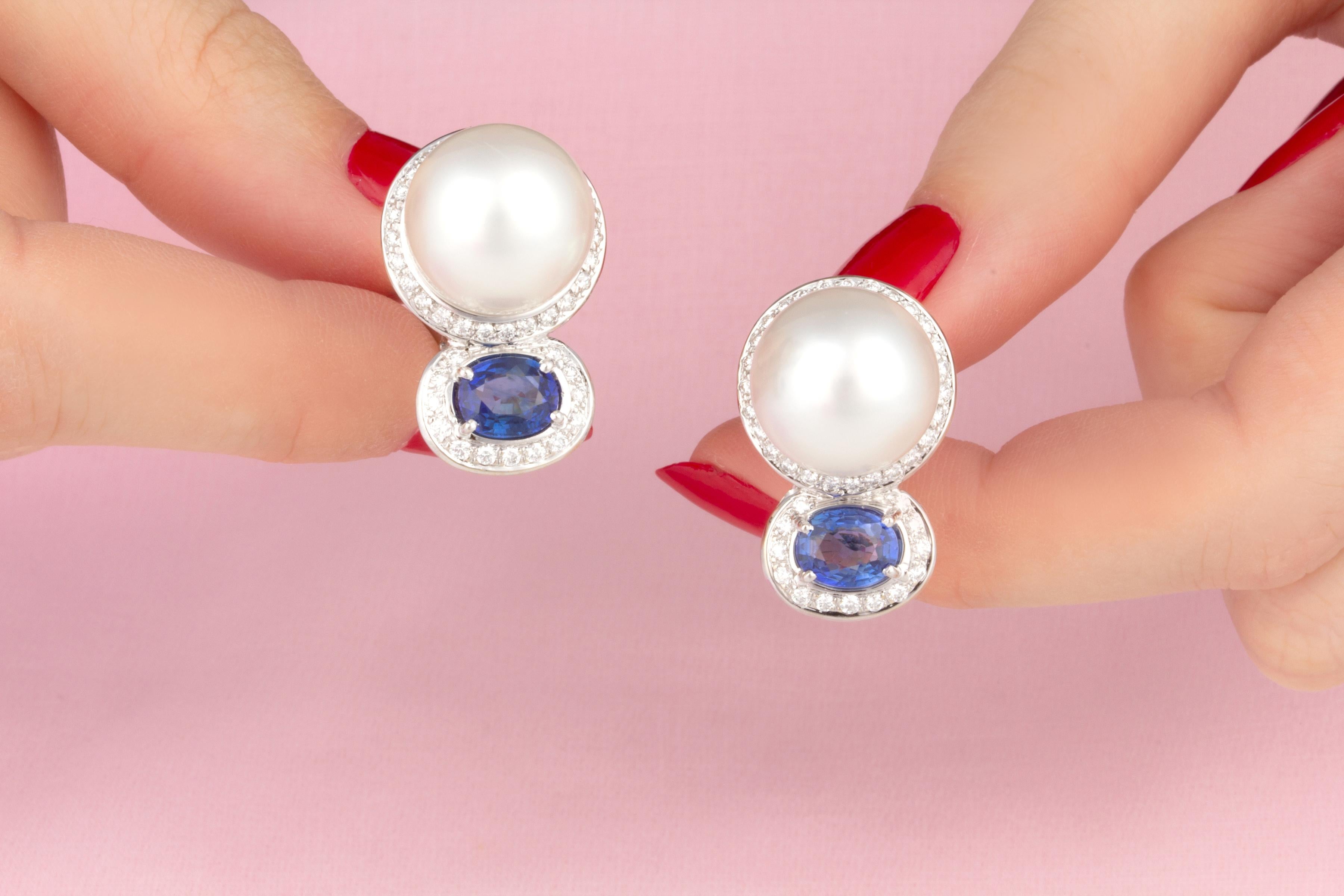 Artist Ella Gafter Blue Sapphire 14mm Pearl Earrings  For Sale