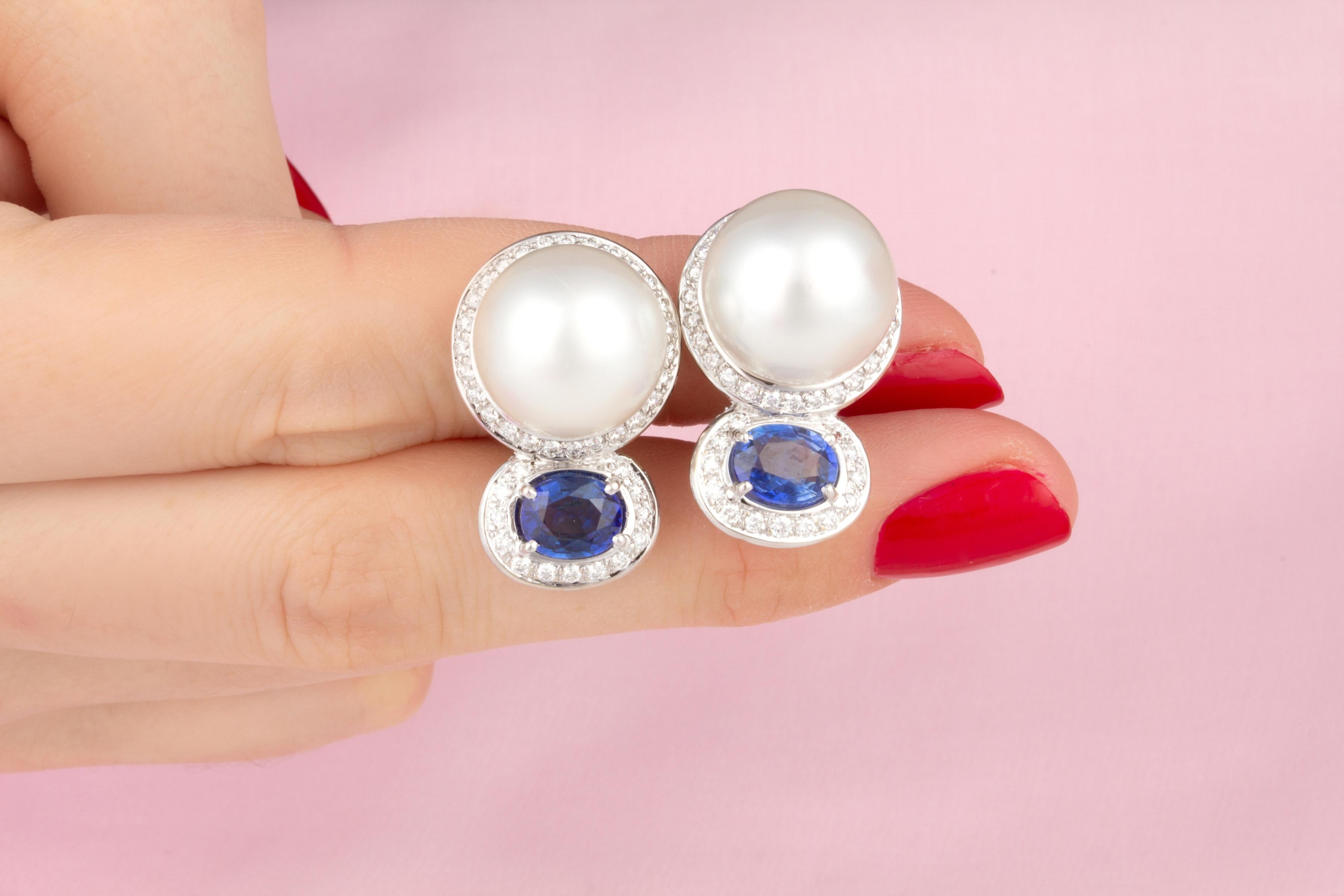 Oval Cut Ella Gafter Blue Sapphire 14mm Pearl Earrings  For Sale