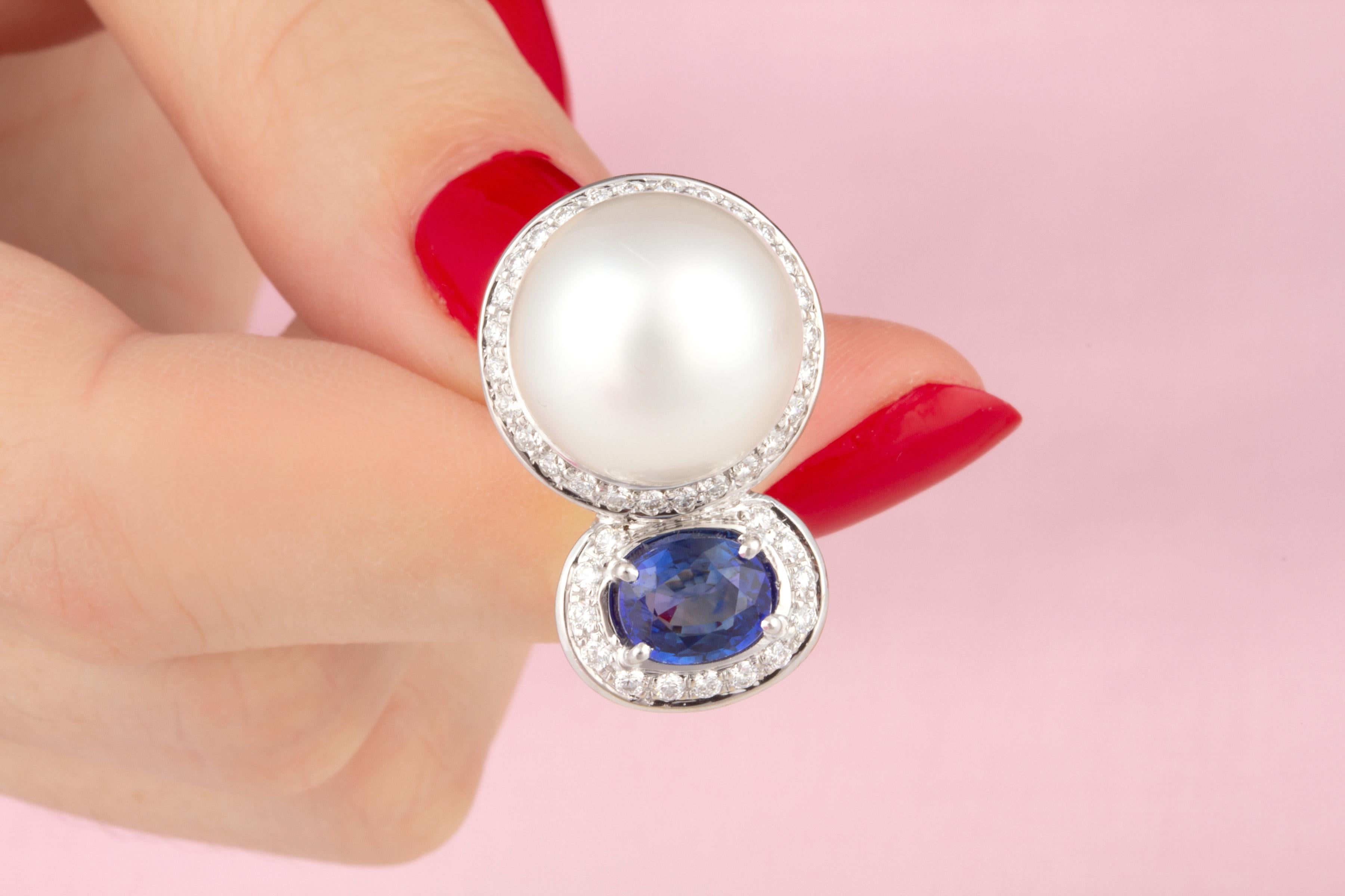 Ella Gafter Blue Sapphire 14mm Pearl Earrings  For Sale 1