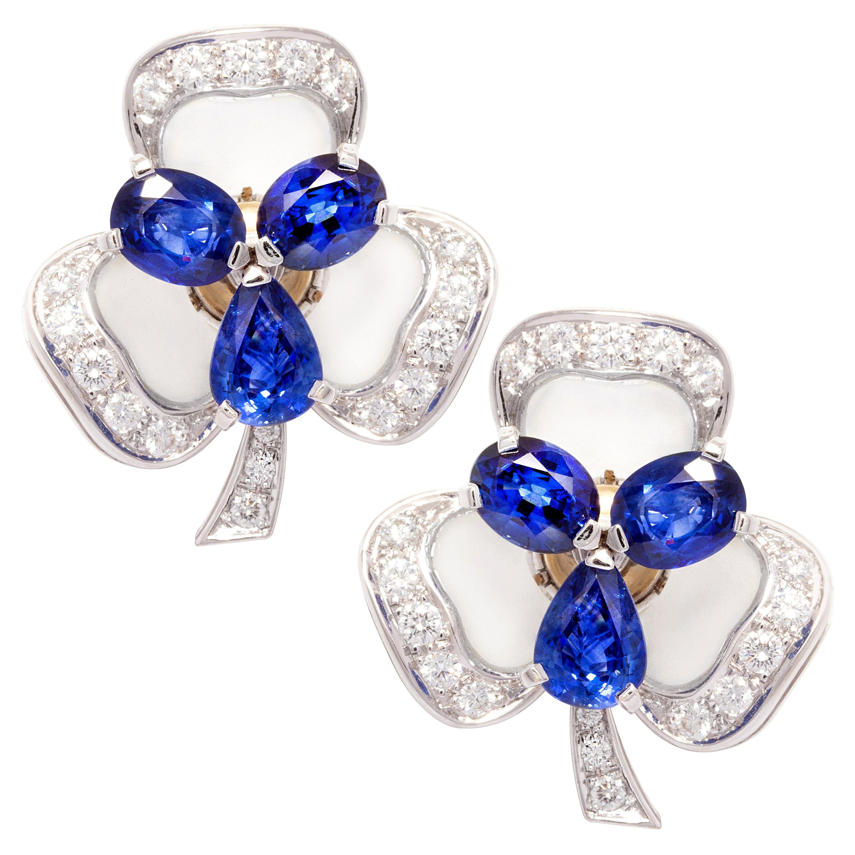 Ella Gafter Ceylon Sapphire Diamond Clover Earrings  For Sale